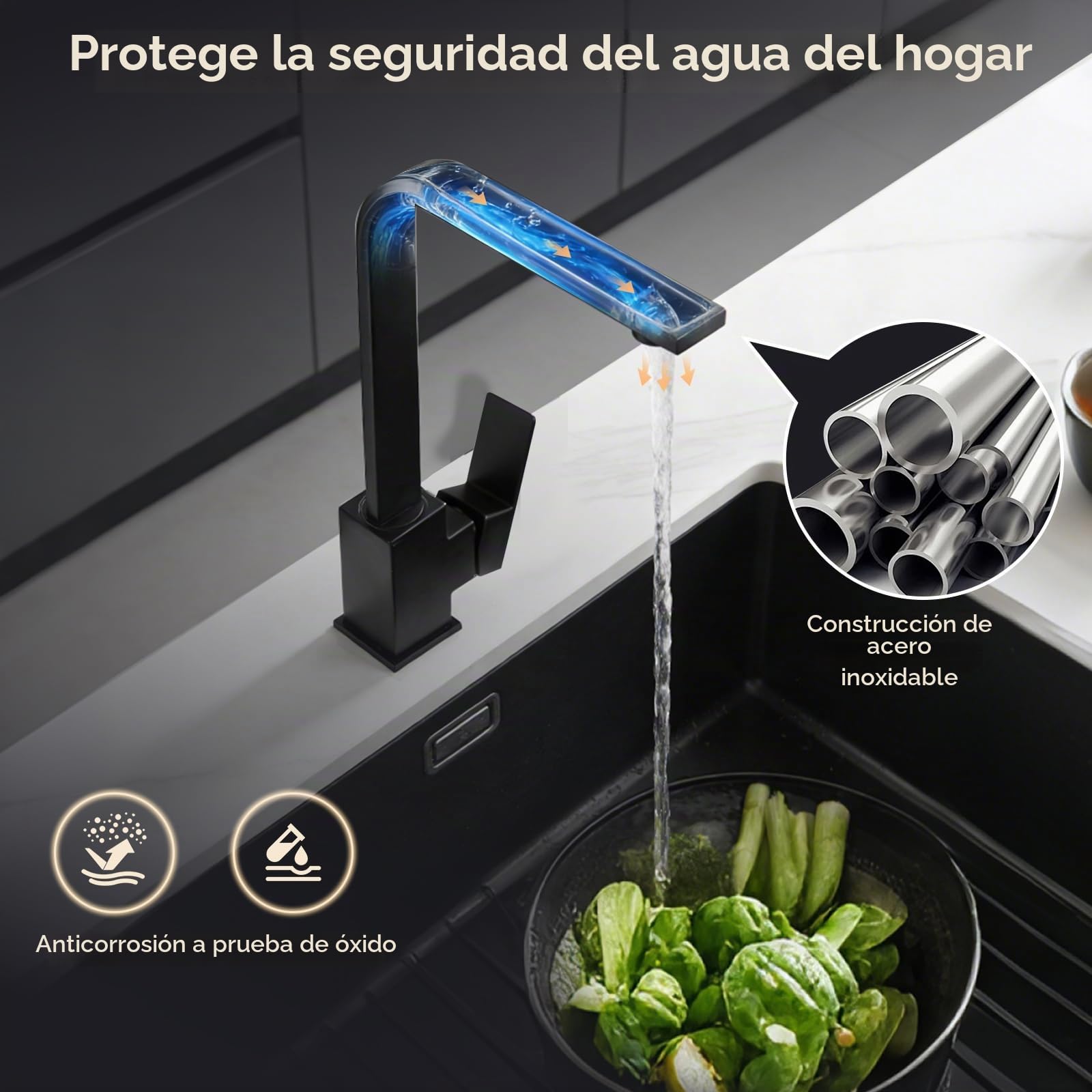 Peppermint Grifo de cocina cuadrado negro monobloque negro mate para grifos mezcladores de cocina, 1 agujero, grifo mezclador de fregadero de una sola palanca, grifo plano moderno para debajo de