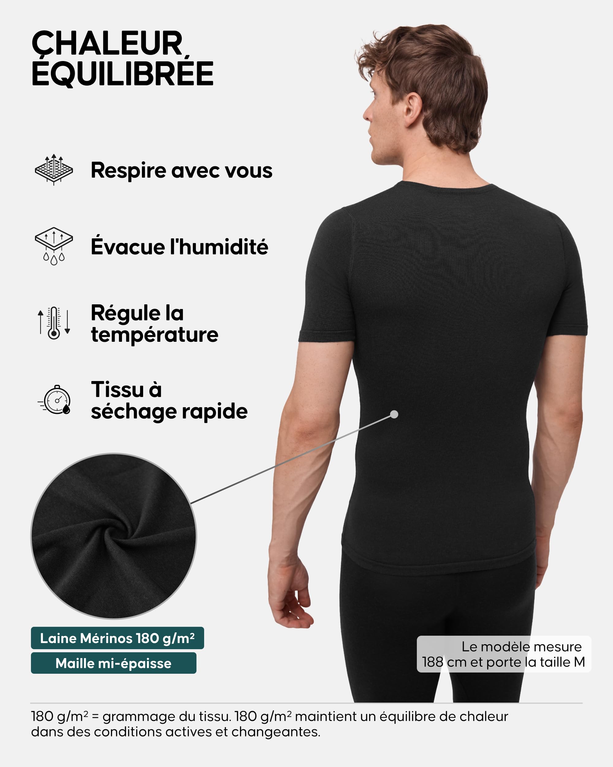 DANISH ENDURANCE T-Shirt sous-Couche en Laine Mérinos Homme, 180 g/m² | T-Shirt Sous-Couche en Laine Mérinos, 180 g/m², Respirant et Évacuant l'Humidité, pour la Randonnée et le Ski