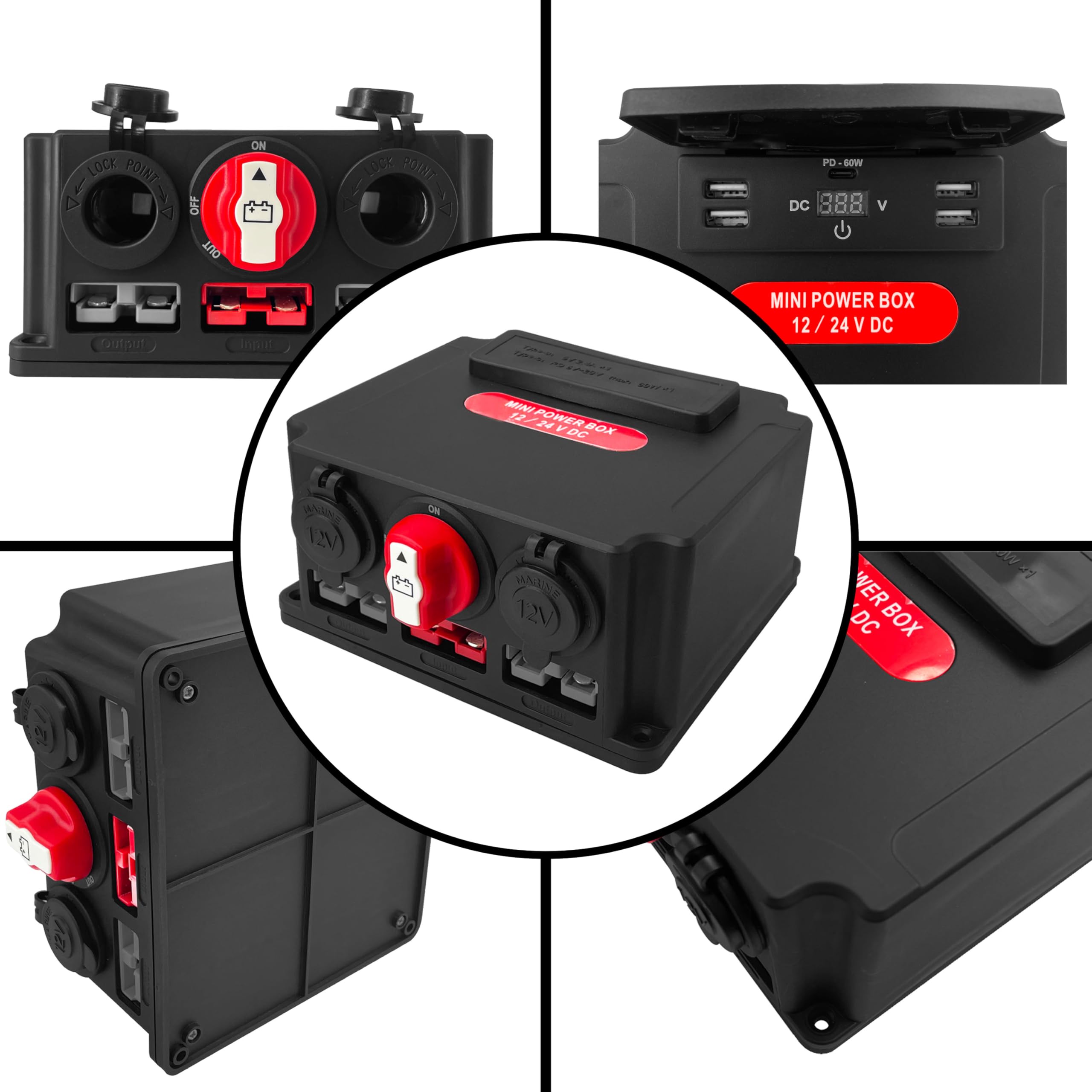 Mini Power Distribution Control Box USB Charger 100A Battery Switch Power Socket Battery Box with Voltmeter Socket 50A Anderson Connector Circuit Breaker for Car Marine Boat RV SUV ATV Camper Truck