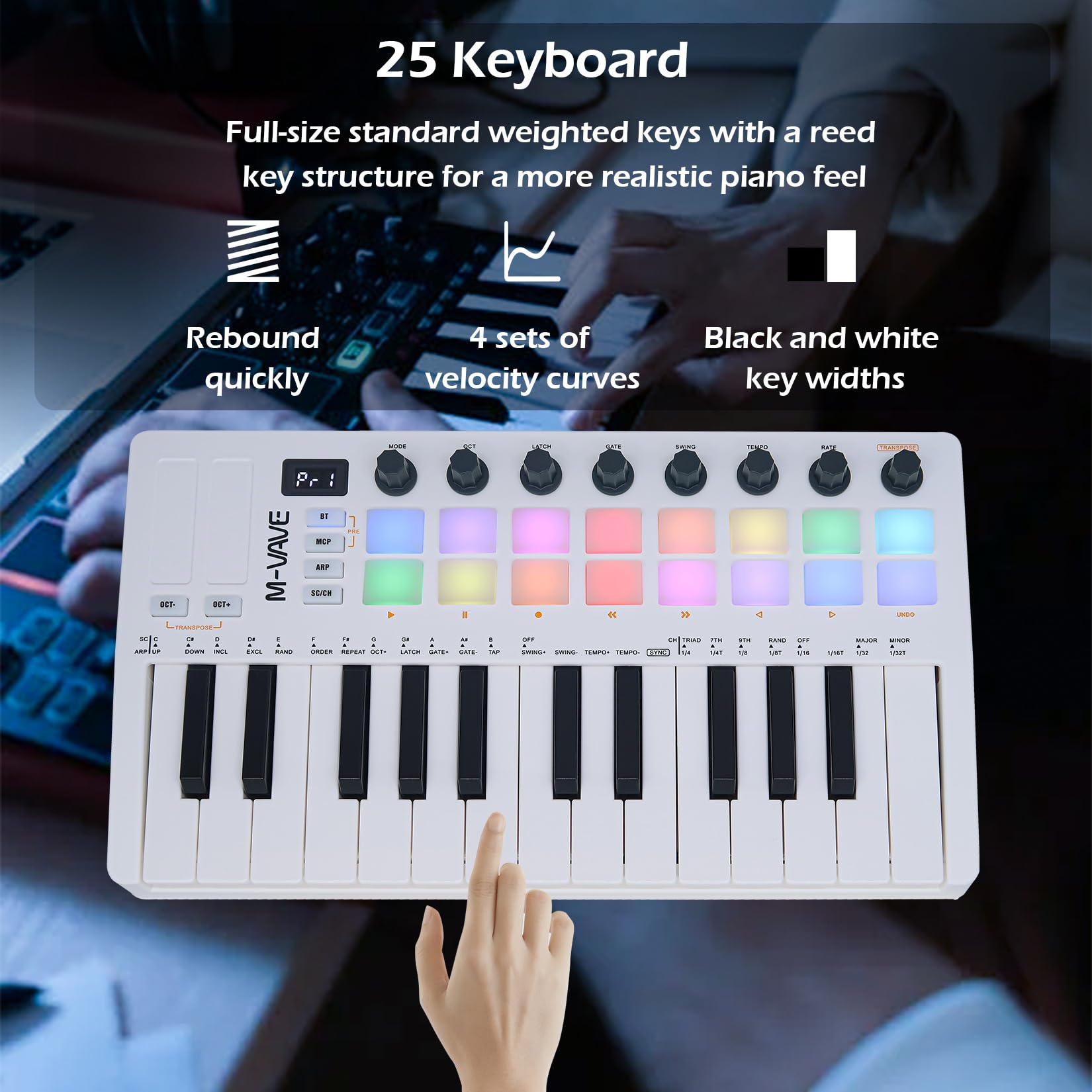 M-VAVE 25 Tasten 16 Backlit Drum Pads MIDI Keyboard - Professioneller Beat Maker und Keytar für Keyboard Musikproduktion Builtin Battery Wireless Connect Weiß
