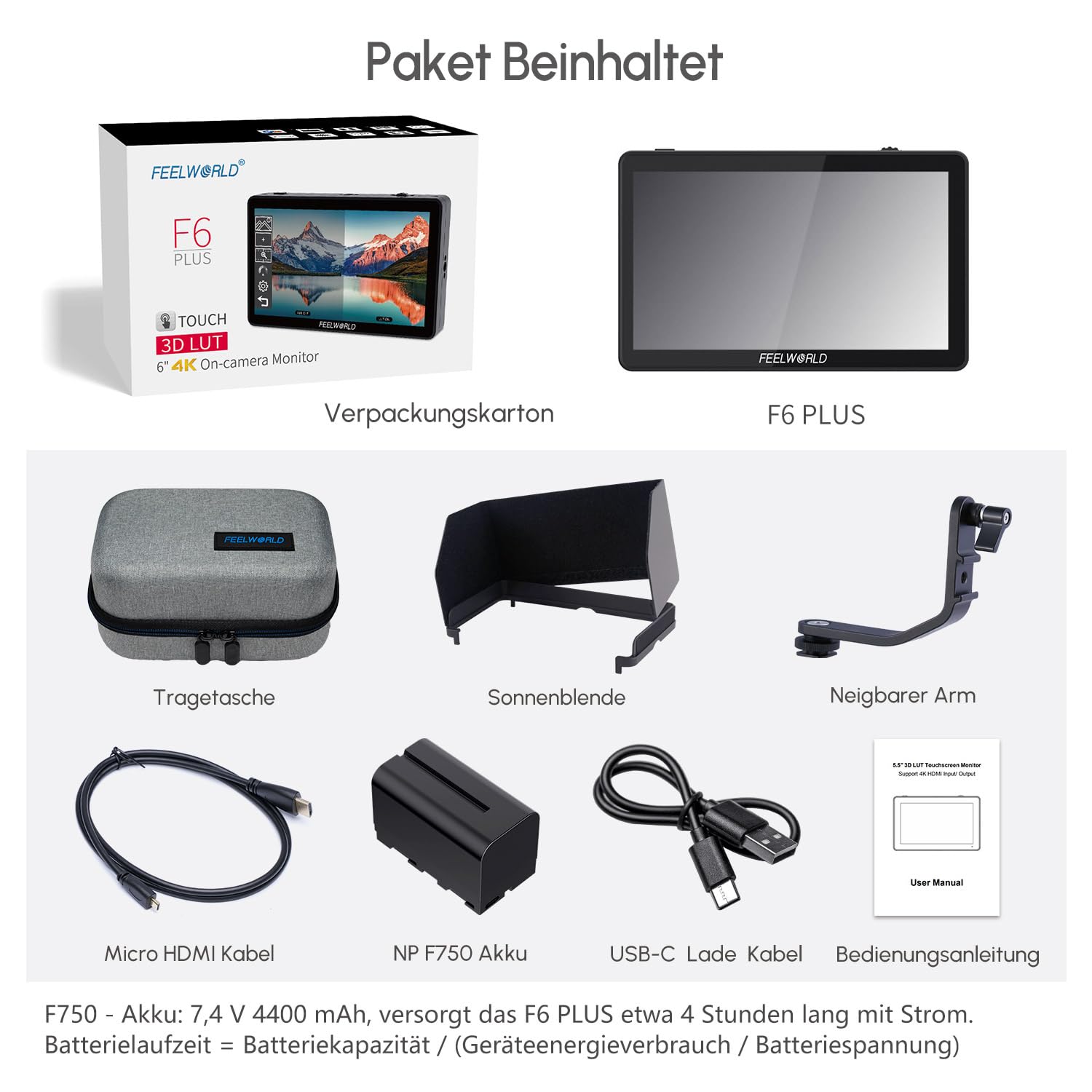 FEELWORLD F6 Plus V2 6 Zoll Touchscreen DSLR Kamera Feldmonitor mit F750-Akku 4400 mAh und Tasche, Waveform HDR LUT 1920 x 1080 IPS Video Peaking Focus Assist 4K HDMI 5V Typ-C Eingang