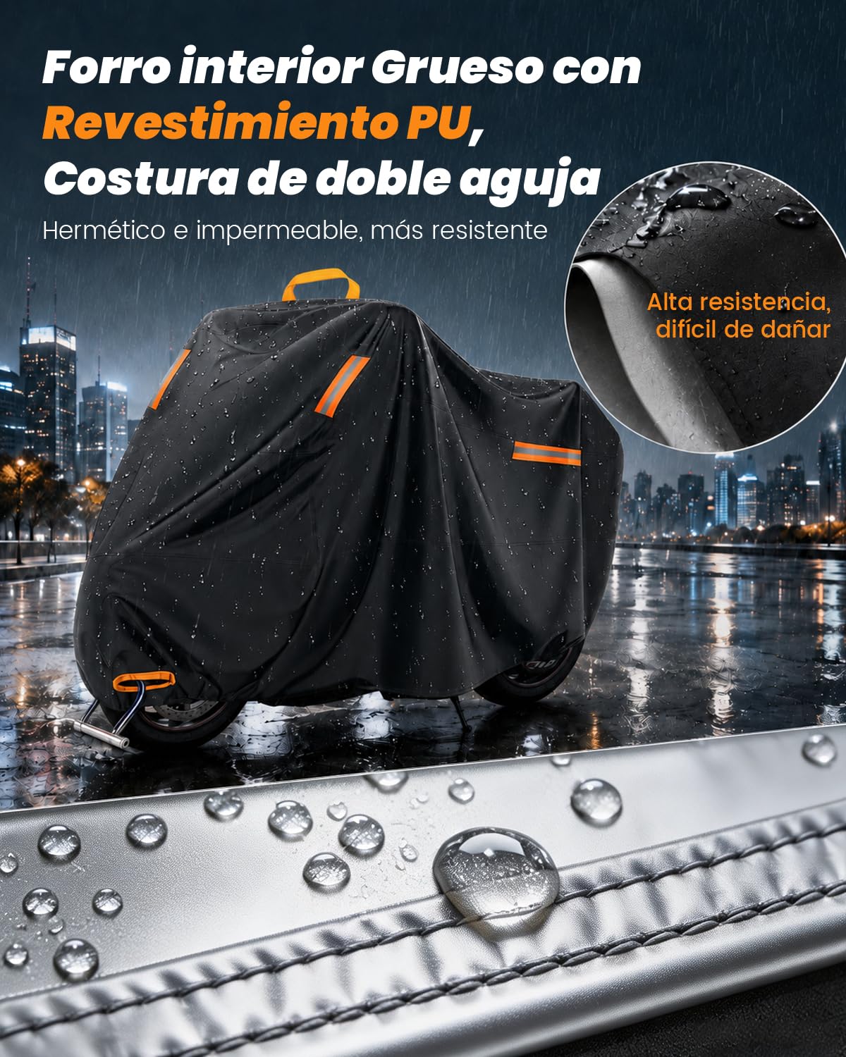 Funda para Moto 4XL, 420D Impermeable Motocicleta Exteriores con Orificio para Cadena Antirrobo, Protección contra Polvo, Lluvia, Nieve y Rayos UV (295 × 110 × 140 cm)