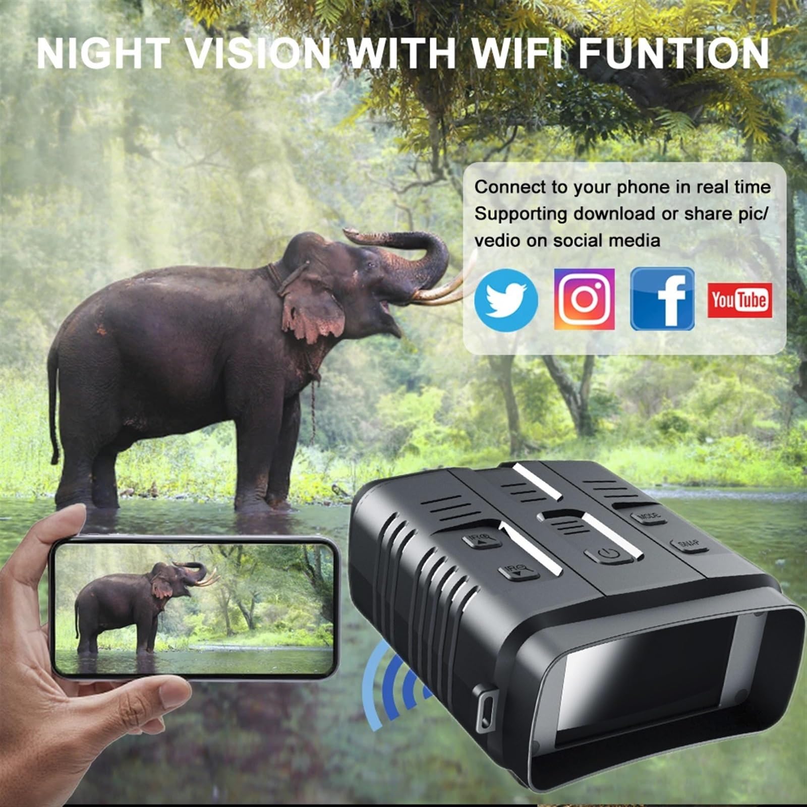 Visore Notturno, Ponbos NV009 4K UHD 800M a infrarossi Visione Notturna binoculare 42MP Zoom 10X telescopio Digitale Ricaricabile for Caccia Campeggio(with 64G TF Card)