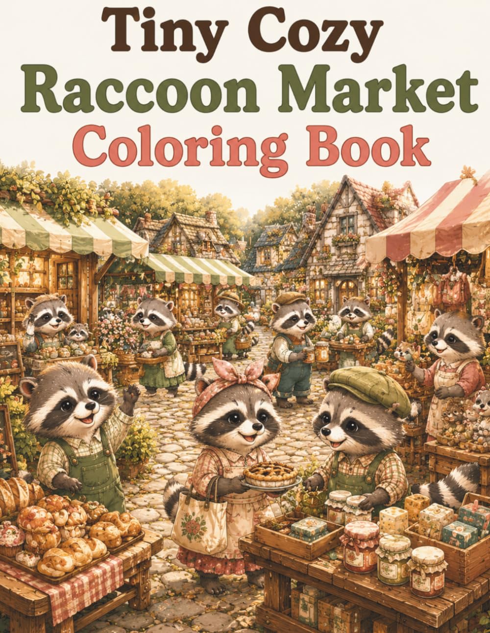 Tiny Cozy Raccoon Market Coloring Book: Cute and Easy Raccoon Coloring Pages with Farmers Markets, Cozy Shops, Fresh Produce, Woodland Stalls and Relaxing Cottagecore Scenes for Adults and Teens