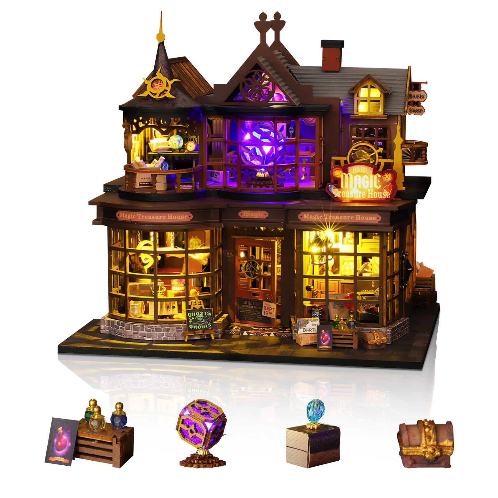 Cuteefun DIY Miniature House Kits, Wooden Dollhouse with LED, Tiny House Kit for Adults to Building, Unique Gift for Birthday Christmas (Magic Treasure House)
