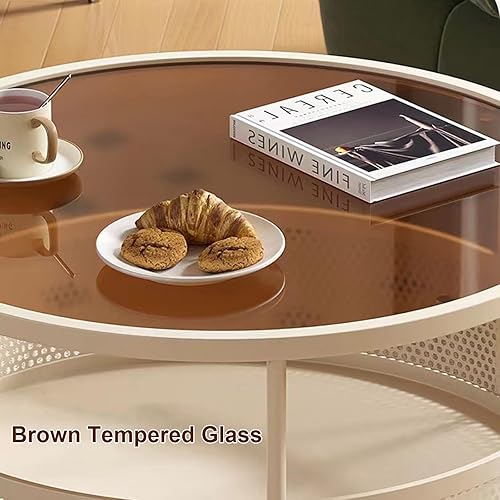 Miniatura 3 de Mesa de centro de cristal con ruedas giratorias, mesa de té redonda de 2 niveles con cesta de almacenamiento hueca de hierro, moderna mesa central