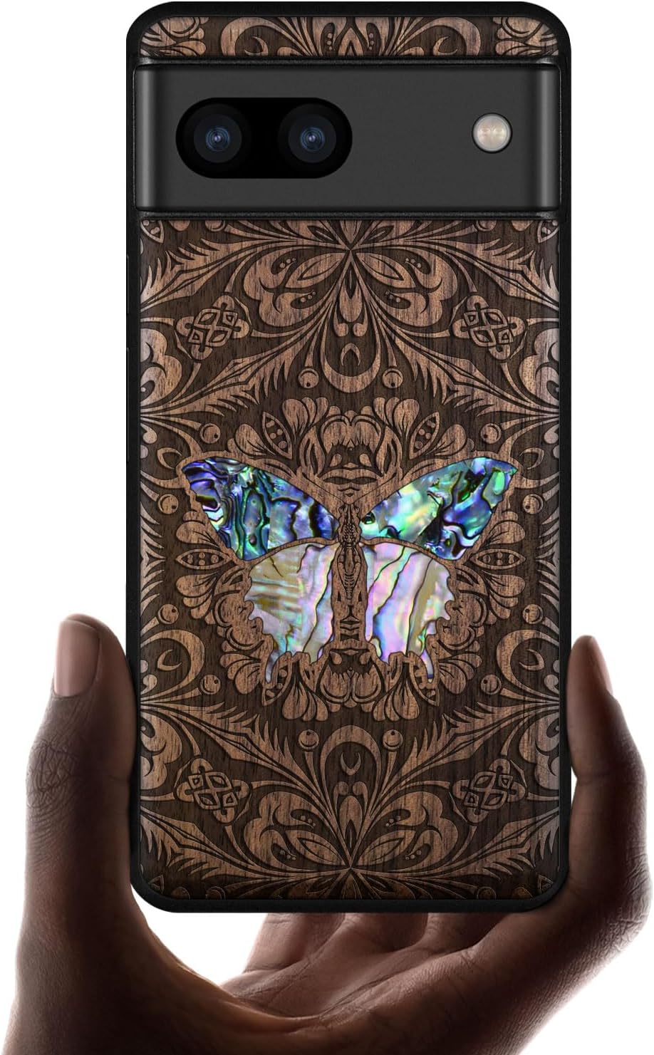 Carveit Designer Wooden Case for Google Pixel 7a Case [Wood Engraving & Shell Inlay] Compatible with Wireless Chargers Pixel 7a (Baroque Butterfly-Blackwood)