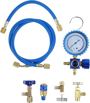 R134A AC Refrigerant Recharge Kit Single Gauge w/ 3 Brass Can Taps Coupler
