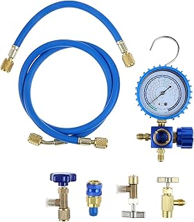 R134A Refrigerator Freon Recharge Hose Kit with Can Taps, R290 and R600A Charging Manifold Hose and Single Gauge Set, R134A low-pressure Quick Coupler for Home/Car A/C Refrigerant System