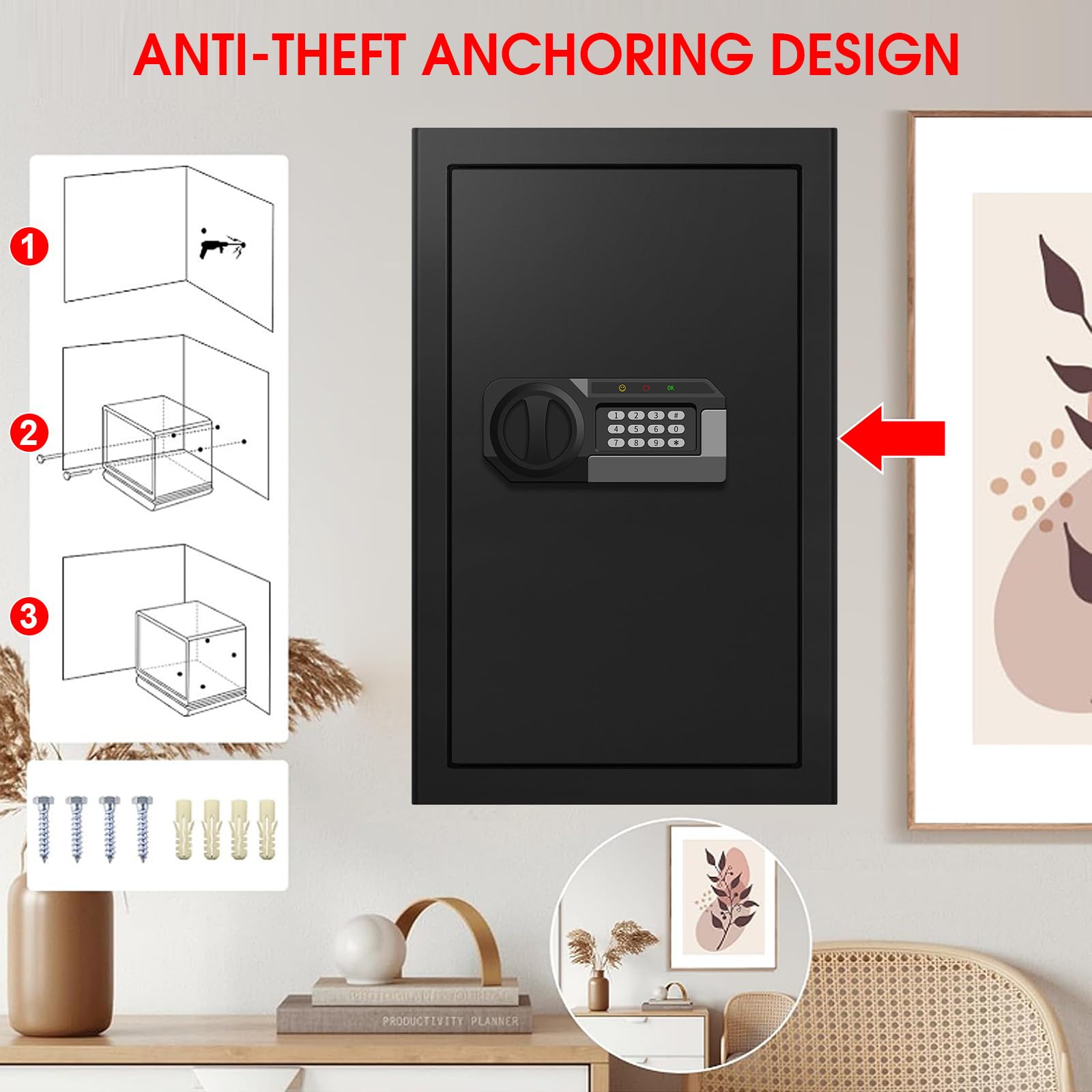 Grande cassaforte per la casa con tastiera digitale e serratura a chiave, cassaforte di sicurezza con 3 ripiani rimovibili, scatola di sicurezza anti-leva per denaro, documenti, gioielli