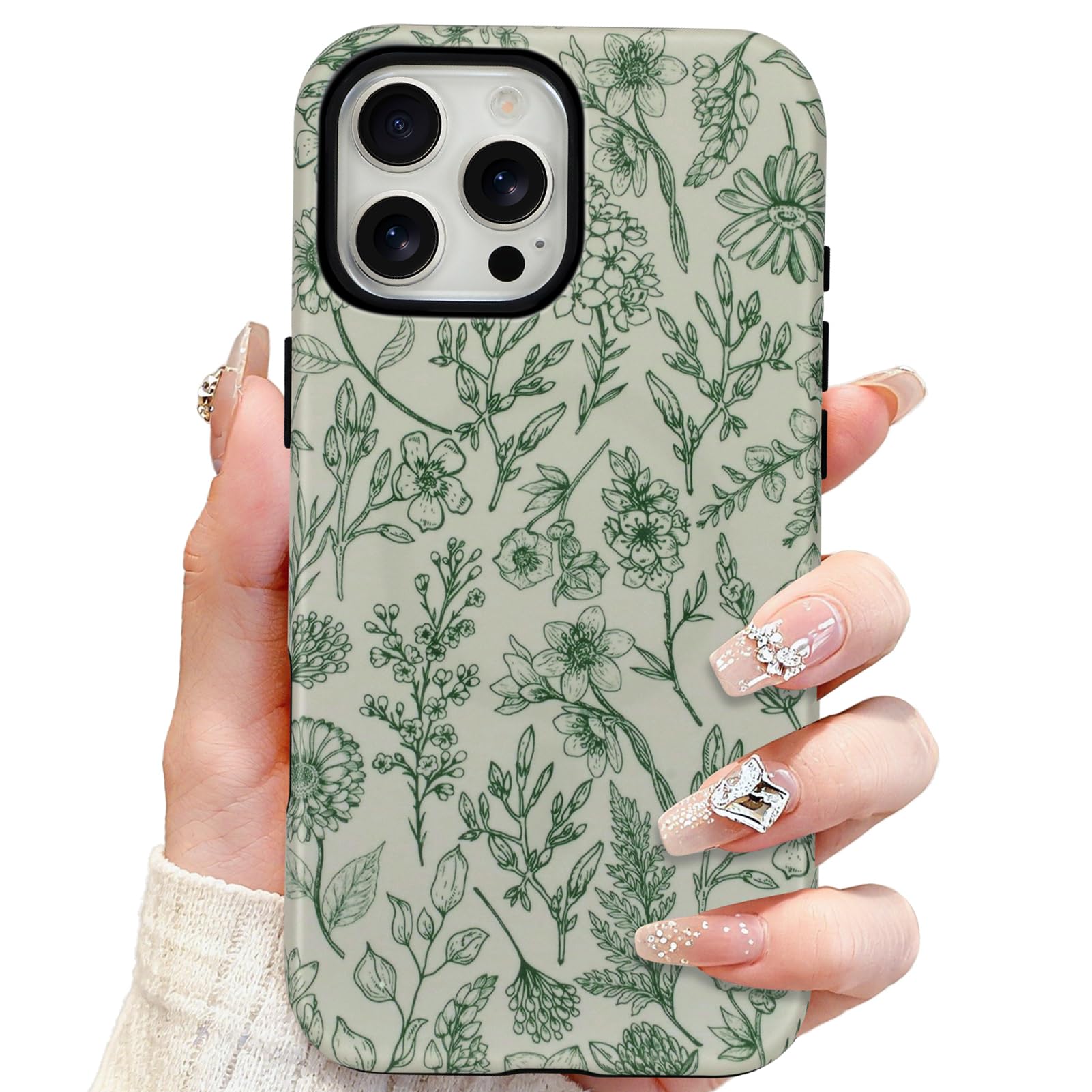 SOKAD Magnetic Sage Floral Phone Case for iPhone 16 Pro, Vintage Green Flower Pattern Compatible with Magsafe Matte Protective Case Cover with Screen