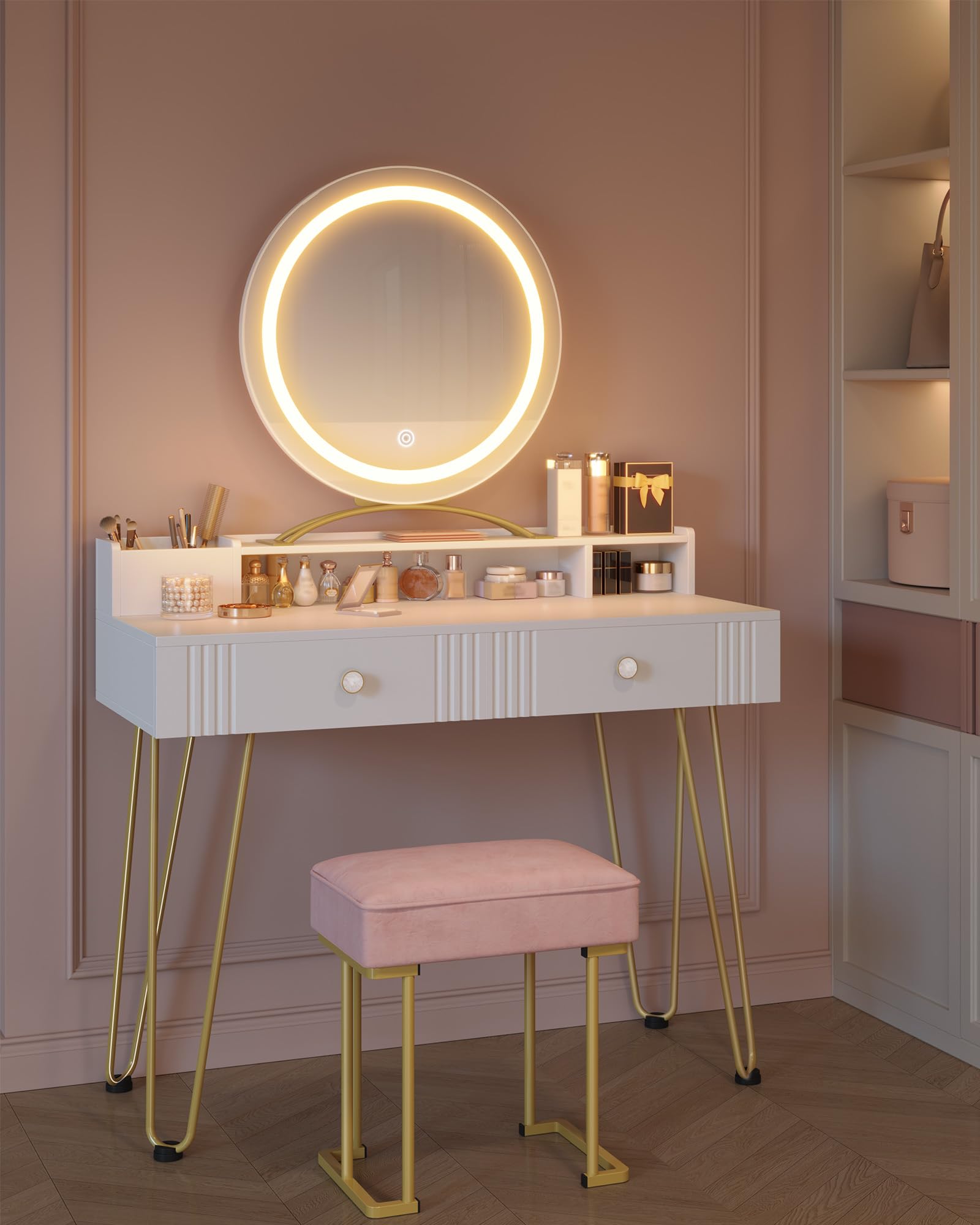 Hzuaneri toeletta trucco con Sgabello e Illuminazione, toeletta da trucco con specchio, Sgabello imbottito rosa, con Cassetti, 40 x 90 x 140 cm, Bianco Opaco e Oro DT42403XEU