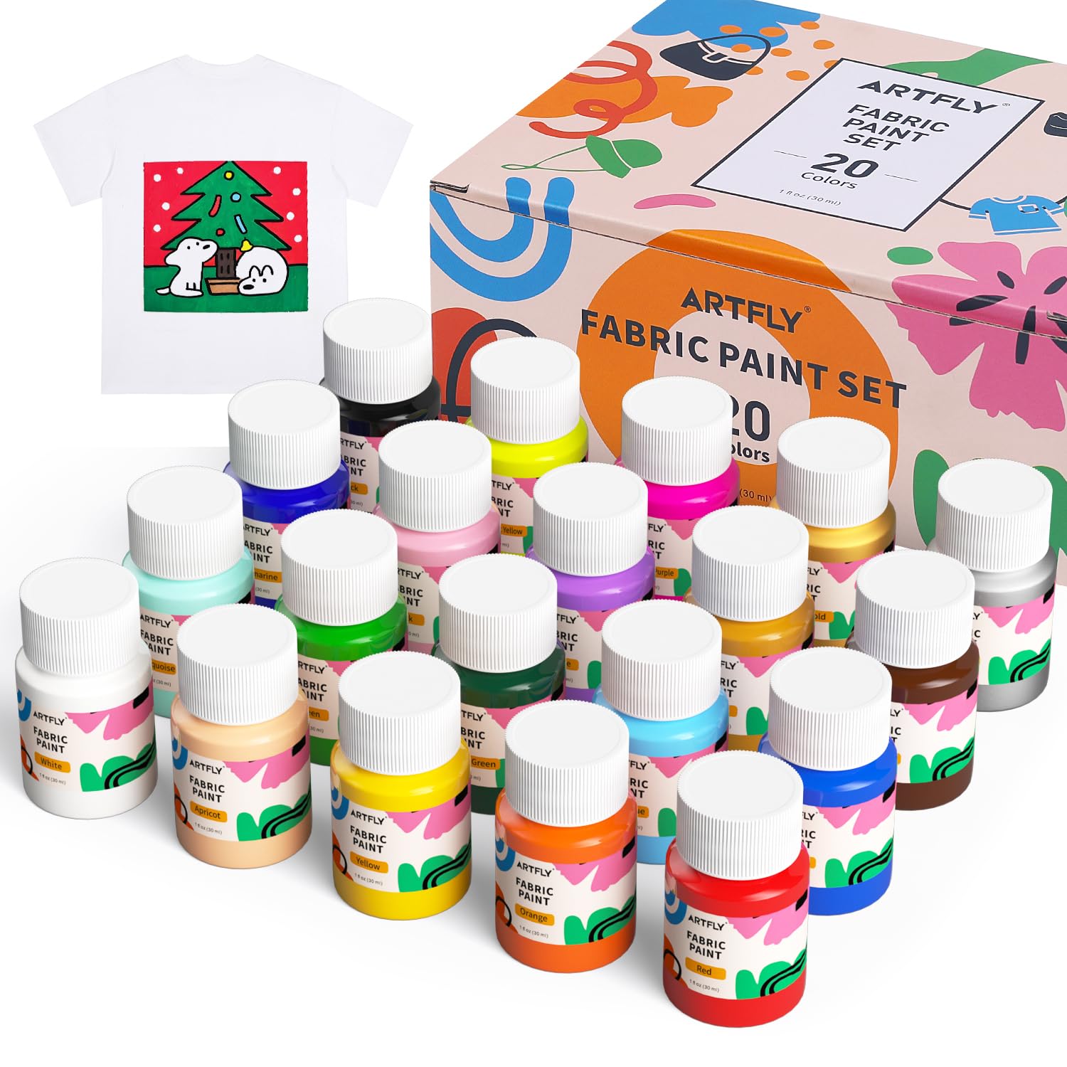 ARTFLY Textilfarben Waschmaschinenfest 20x30ml Set, Waschfest Stoffmalfarben inkl. Gold & Silber, Textil farbe für kleidung, Schuhe, Jeans & Stoffe, Zum Malen auf dunklen und hellen Stoffen