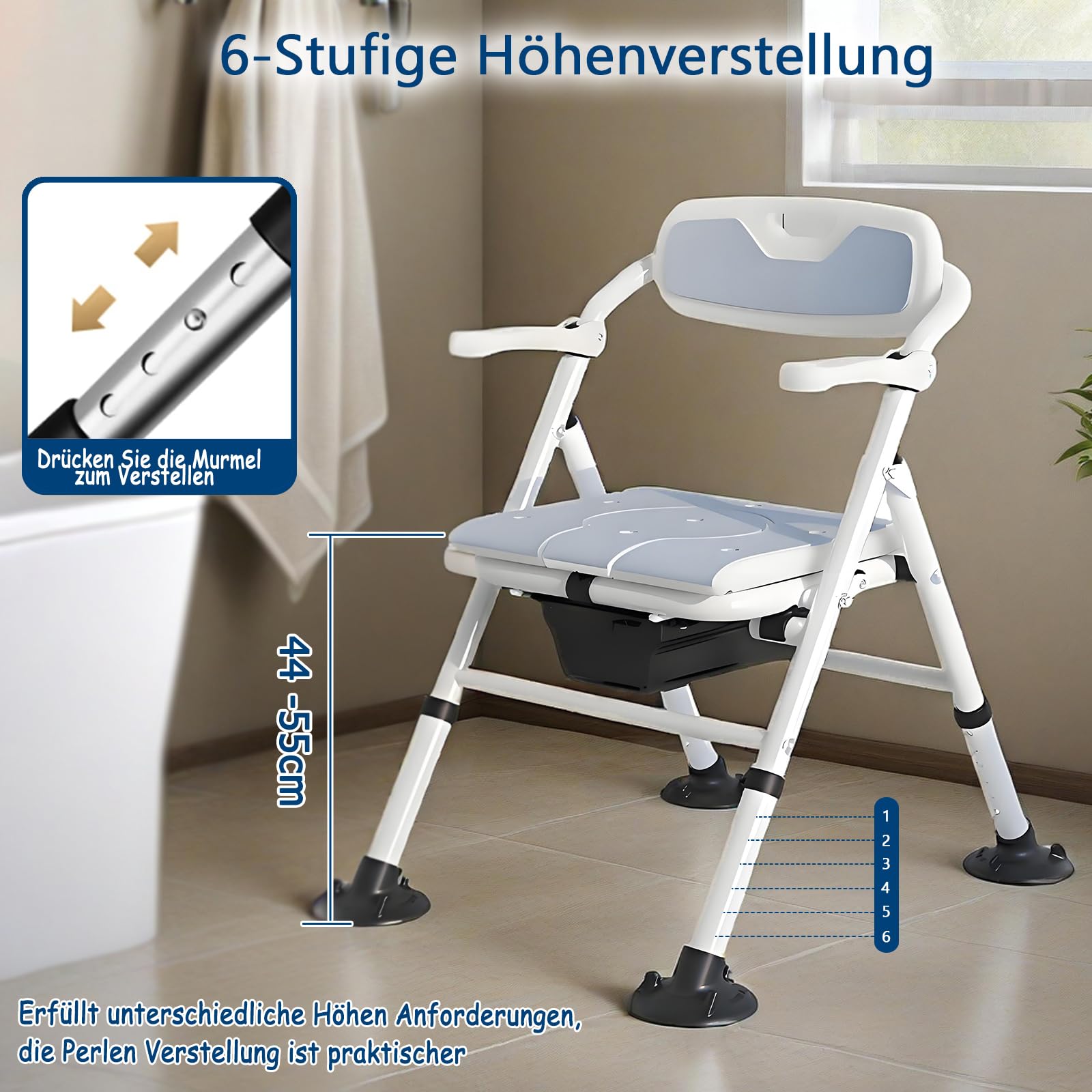 Toilettenstuhl für Senioren Höhenverstellbar, WC Stuhl Klappbar aus Aluminium, Duschstuhl Klappbar, Faltbar Nachtstuhl mit Armlehne und Rückenlehne, Badezimmerstuhl bis 150 Kg