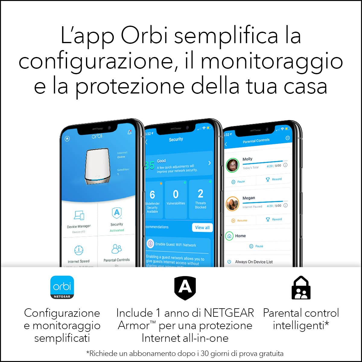 NETGEAR Orbi Router WiFi 6 Triband RBR860S, copertura fino a 180 m2, 100 dispositivi, porta da 10G, protezione Armor, AX6000 (fino a 6 Gbps)