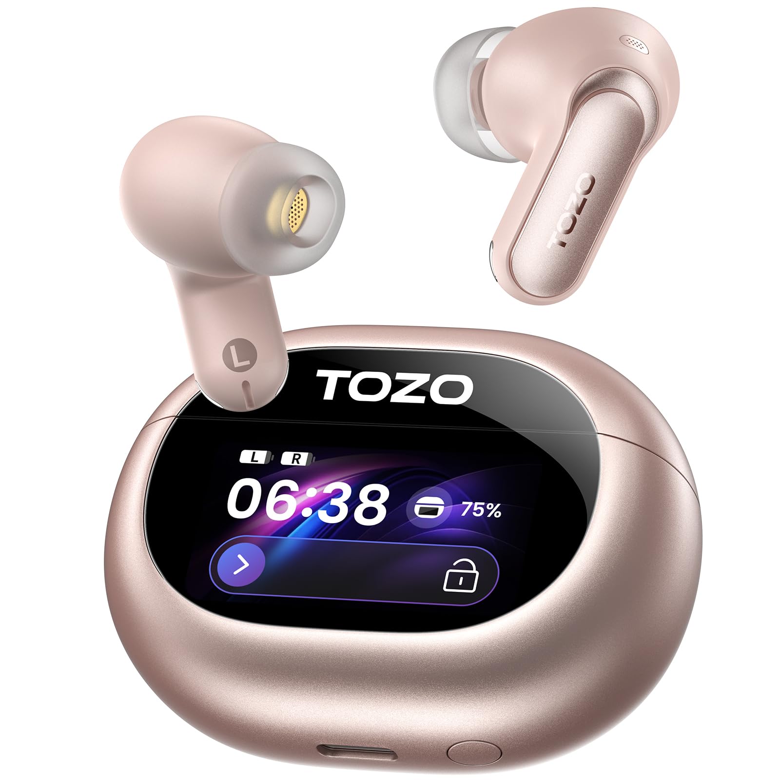 TOZO NC20 Pro Kabellose Bluetooth Kopfhörer mit Smart-Touchscreen, Adaptive Aktive Geräuschunterdrückung, LDAC Hi-Res Audio, 12mm Treiber, Gaming-Modus, 6 Mikrofone, IPX8 Wasserdicht, Roségold