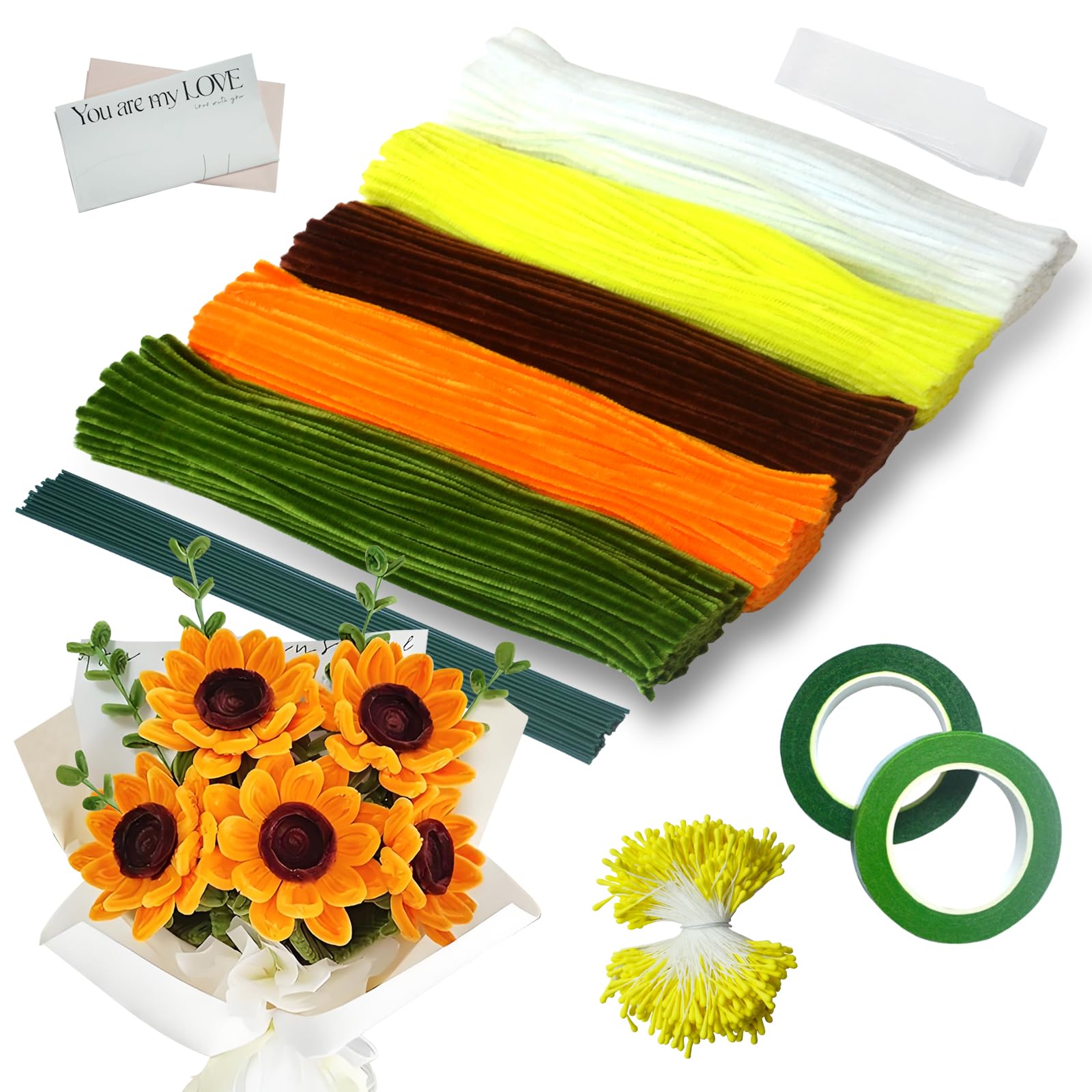 Ezitruz 500 Stück Pfeifenreiniger Blumen Set, 5 Farben Pfeifenputzer zum Basteln für DIY, mit Schleifenband, Klebeband, Staubblätter, Blumendraht, Blumenpapier, Anleitung zum Blumenbasteln, Gelb