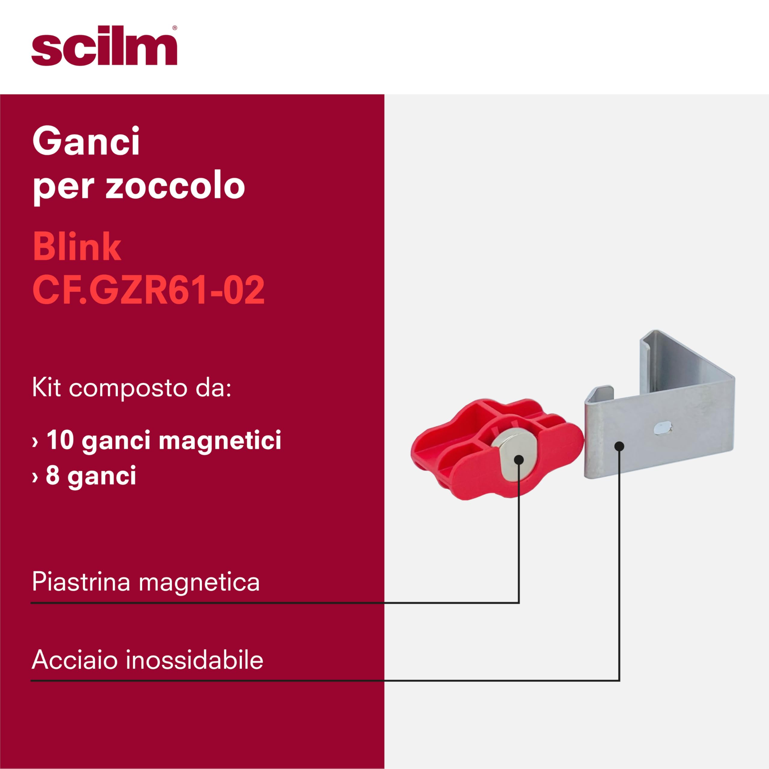 Kit 10 Ganci Magnetici e 8 Ganci Piedino per Zoccolo da Cucina - Compatibile con i piedini da 34 mm di Diametro e regolo con diametro 80 mm - Leva per Sgancio Zoccolo inclusa