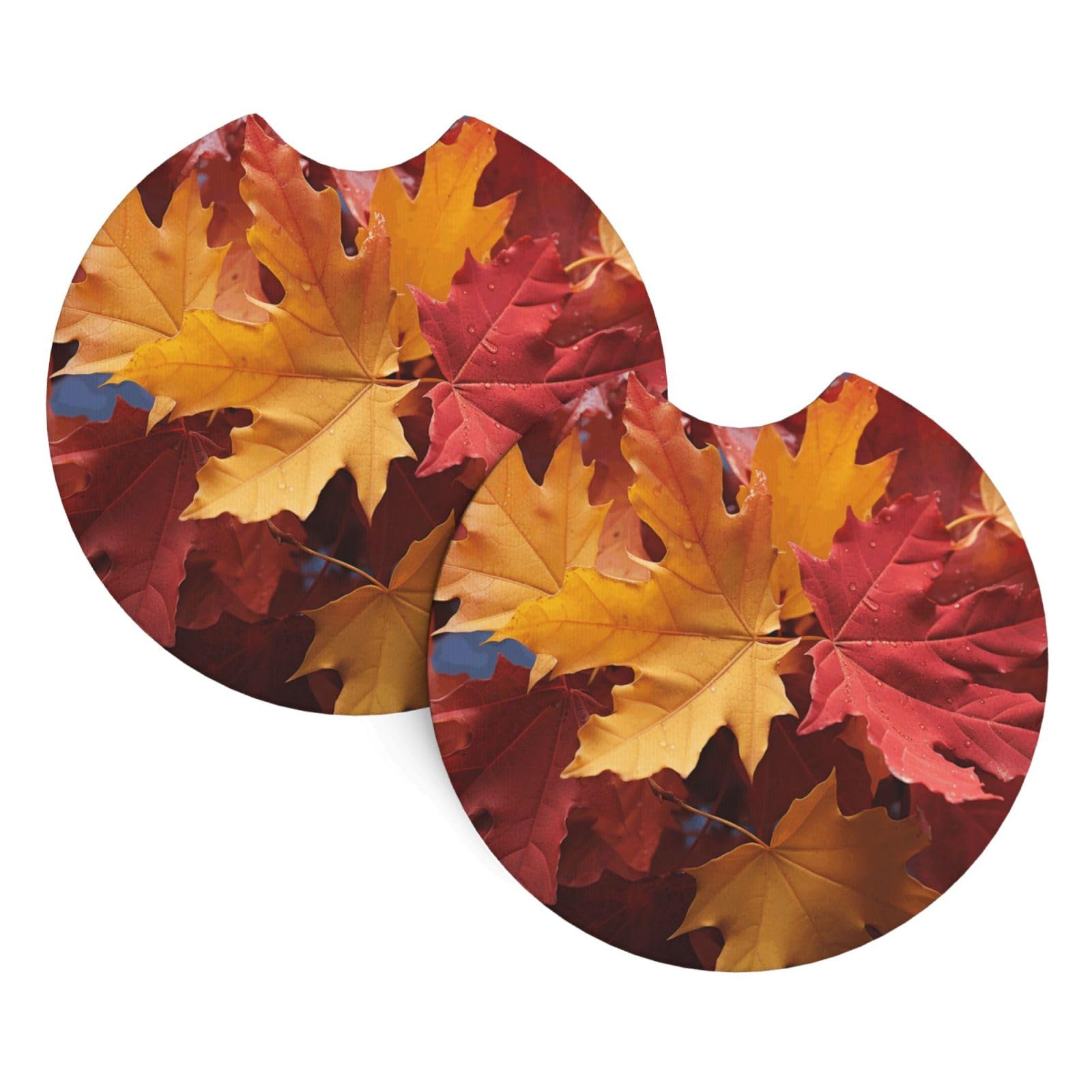 2 Pack Car Coaster for Cup Holders Red Yellow Fall Maple Leafs Car Cup Coaster 2.7" Neoprene Non-Slip Automotive Cup Mat Universal Auto Car Interior Accessories for Women Men Cup Pad