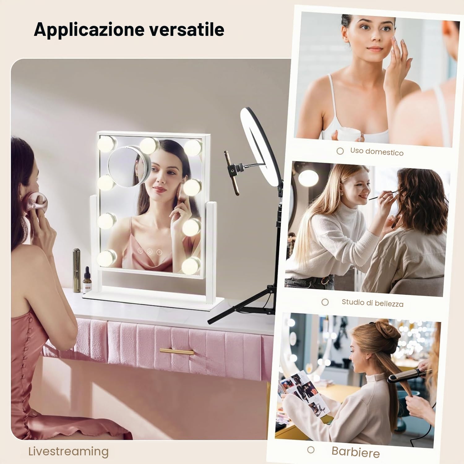 Specchio di trucco hollywoodiano con 9 lampadine LED, 3 modalità di illuminazione, schermo tattile, rotazione di 360 gradi