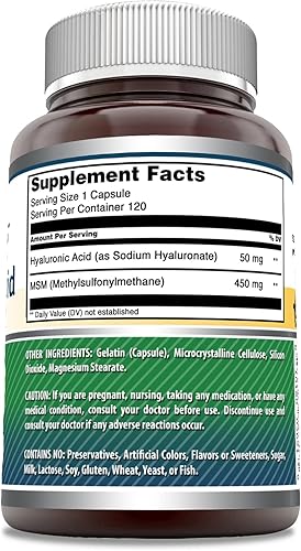 Miniatura 3 de Amazing Formulas - Suplemento de ácido hialurónico y MSM de 500 mg, 120 cápsulas | Sin OMG | Sin gluten | Fabricado en Estados Unidos