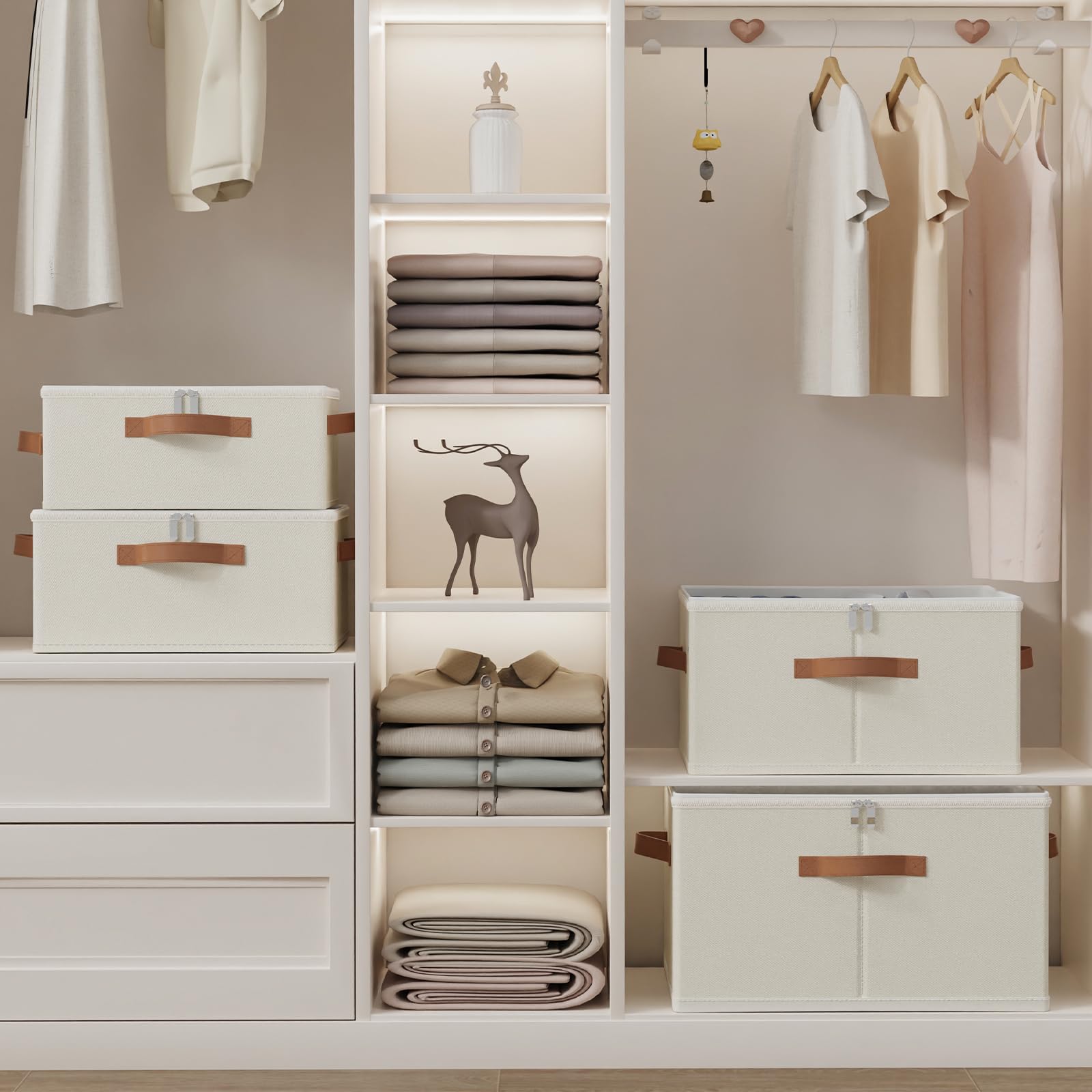 OUTBROS 2 Set Scatole Portaoggetti, Scatole Pieghevole, 50x40x30 cm, Beige | Scatole armadio in tessuto con coperchio per vestiti, Cassettiera per armadio interno con maniglie