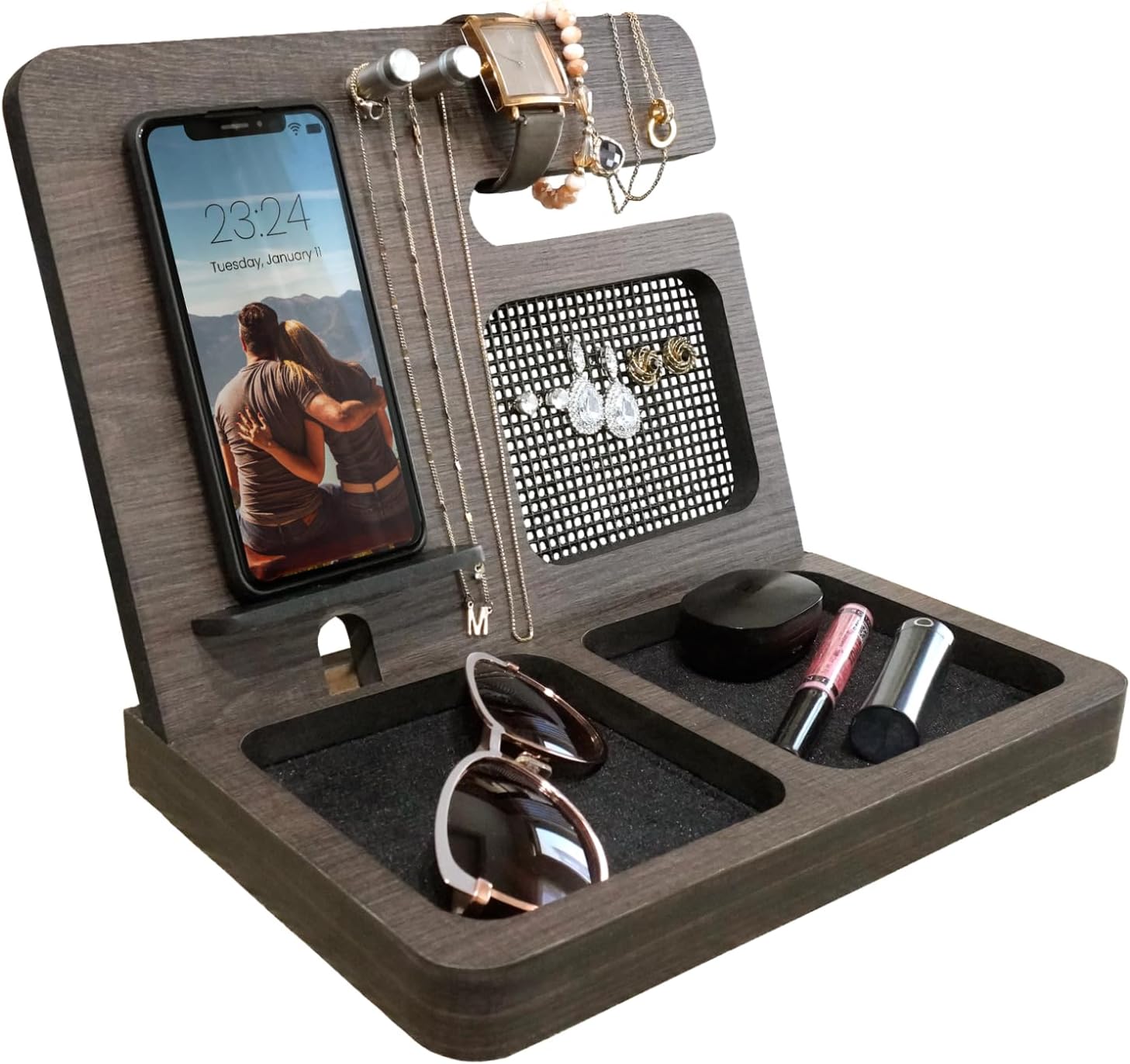 Namore Nightstand Organizer for Women – Wood Phone Docking Station & Jewelry Valet Tray for Phone, Earrings, Wallet & Keys – Unique Gifts for Women, Wife, Mom