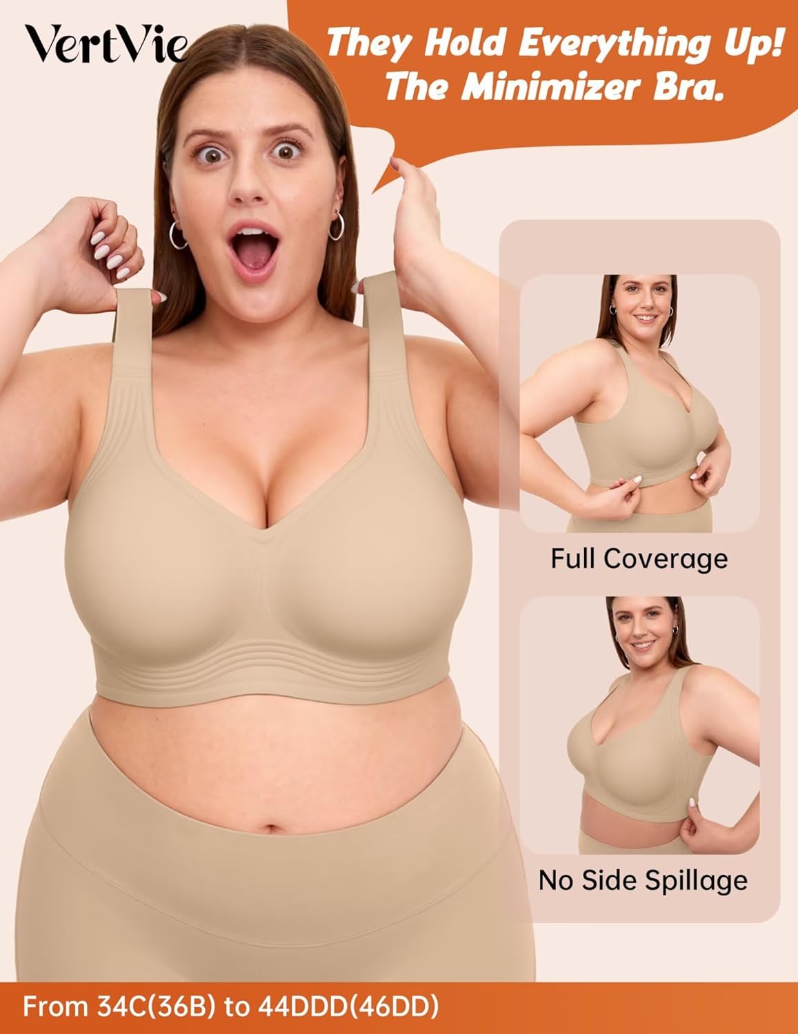 Vertvie Jelly Wireless Bra Suppor Lift Seamless Full Coverage Bralette Plus Size Comfortable T Shirt Bras for Women(Nude,36DDD) - Image 3