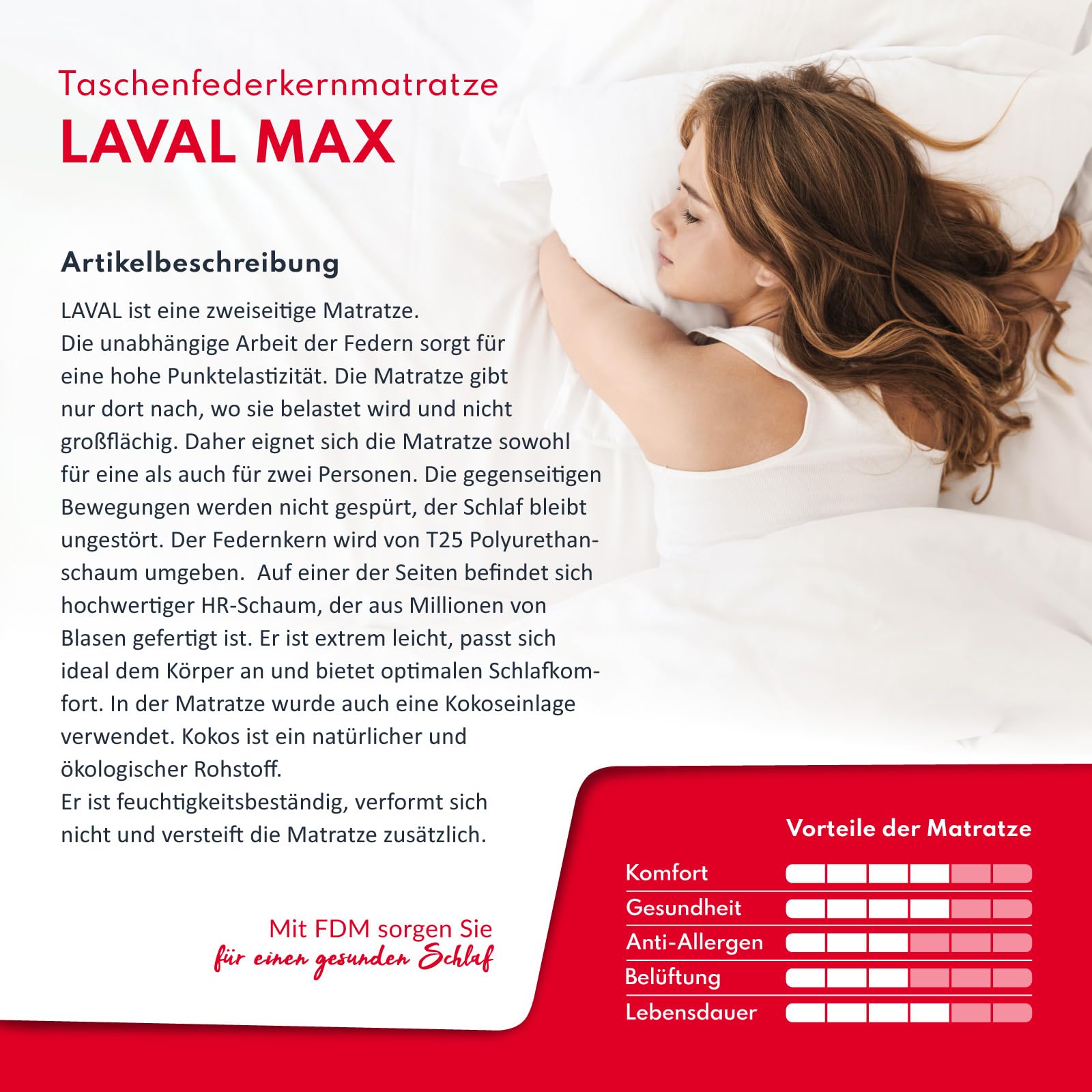 FDM LAVAL MAX Materasso una Piazza e Mezza 120x200 cm Alto 26 cm Materasso a Molle Insacchettate Grado di Rigidità H3 H4 Due Lati 7 Zone di Comfort Strato di Cocò OEKO-TEX Anallergic