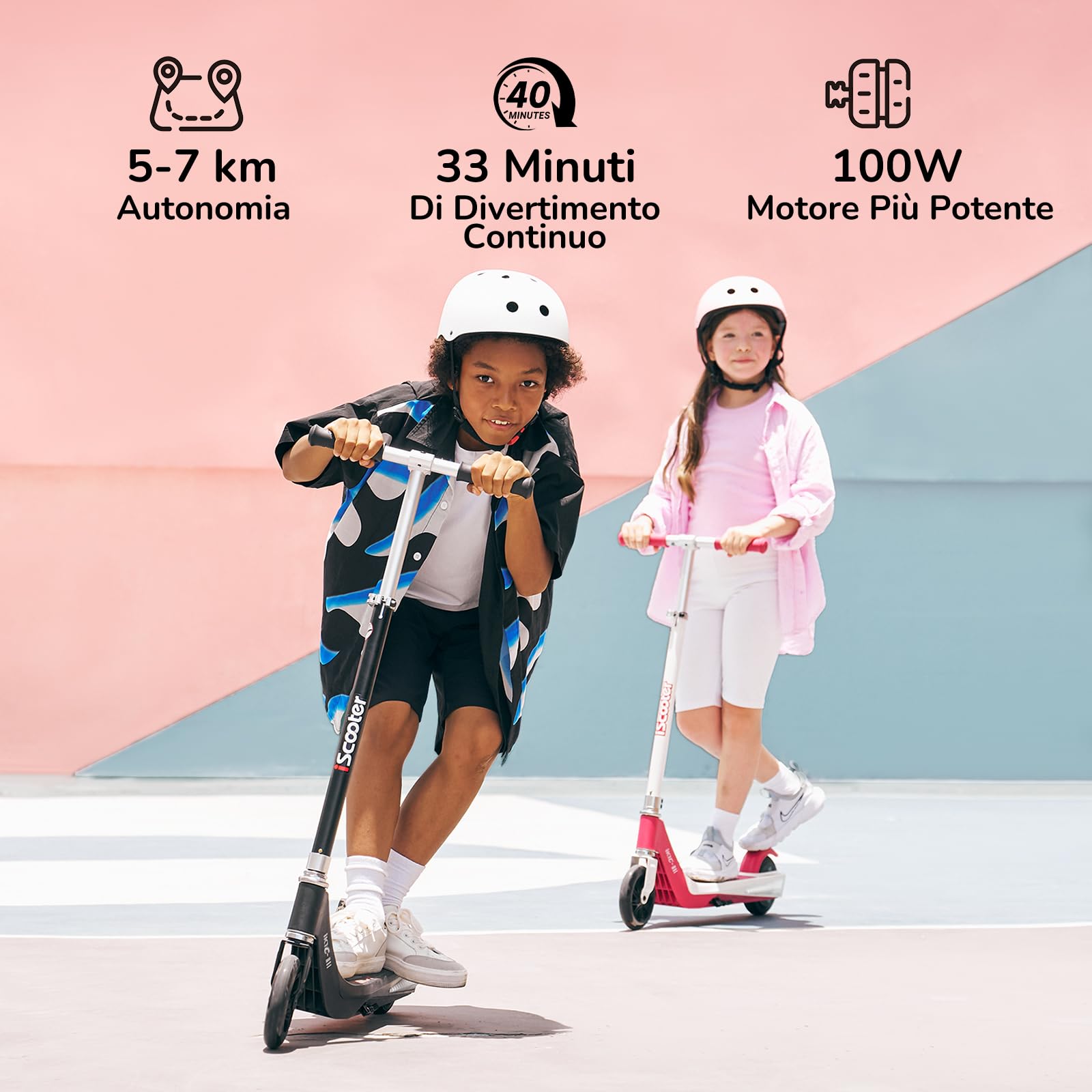 iScooter Monopattino elettrico per bambini 6-10 anni, 2 velocità 10/15 km/h, ruota anteriore luminosa e LED multicolore, altezza regolabile su 3 livelli, carico massimo 50 kg