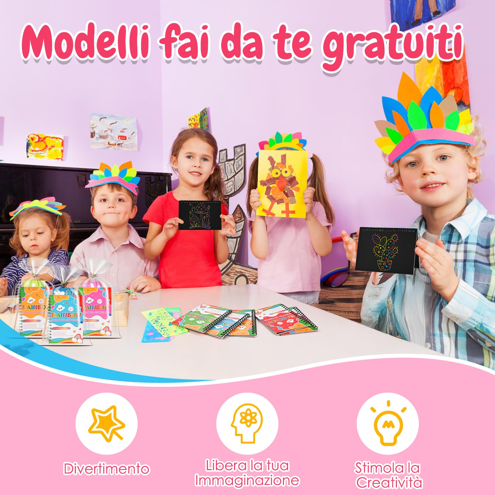 GOLDGE Libri Scratch Art Bambini, 20 Set Gadget Compleanno Bambini | con Stencil, Scratch Notebook, Sacchetti, Penne in Legno, Regalini Fine Festa Compleanno per Bambini 3-12 Anni