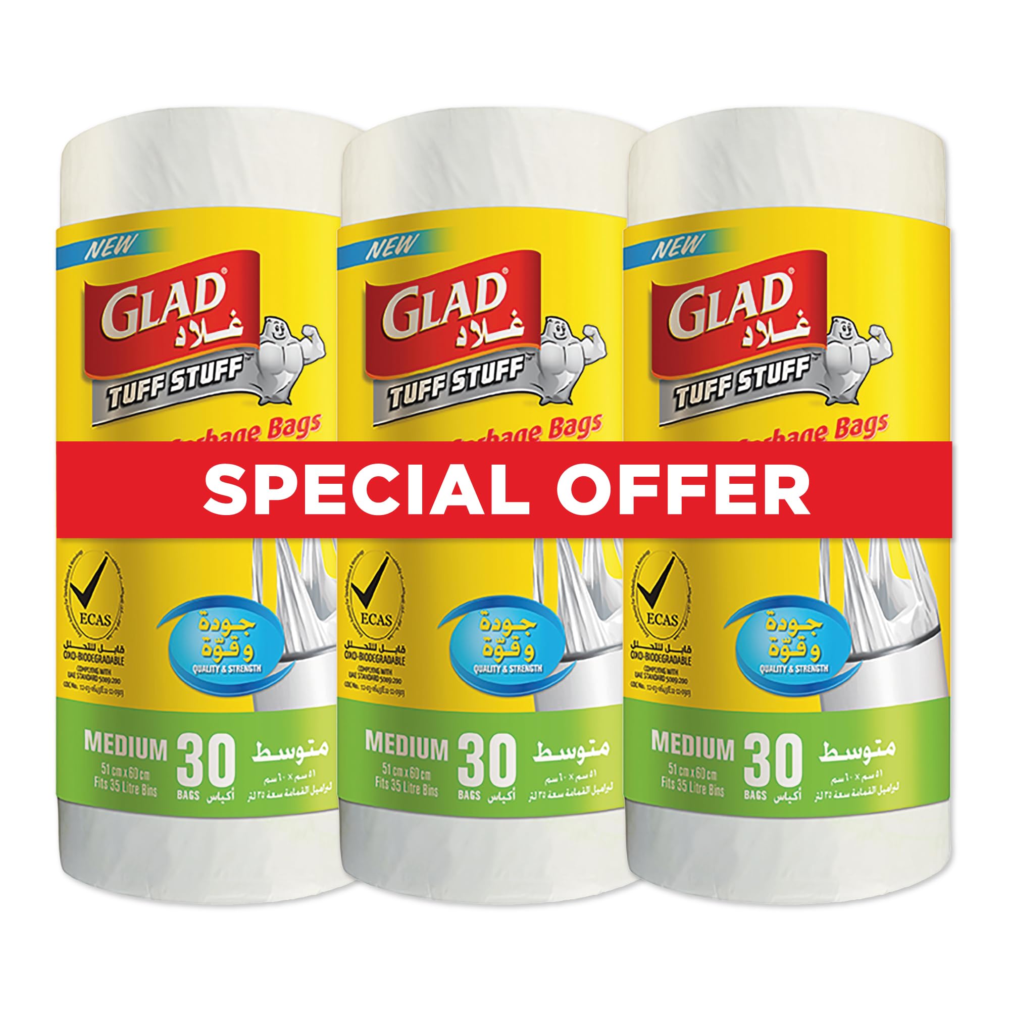 Glad Garbage Bags, 30 Medium Handle Tie Bags, Pack of 3, Strong and Durable for Everyday Use, Easy Closure and Removal