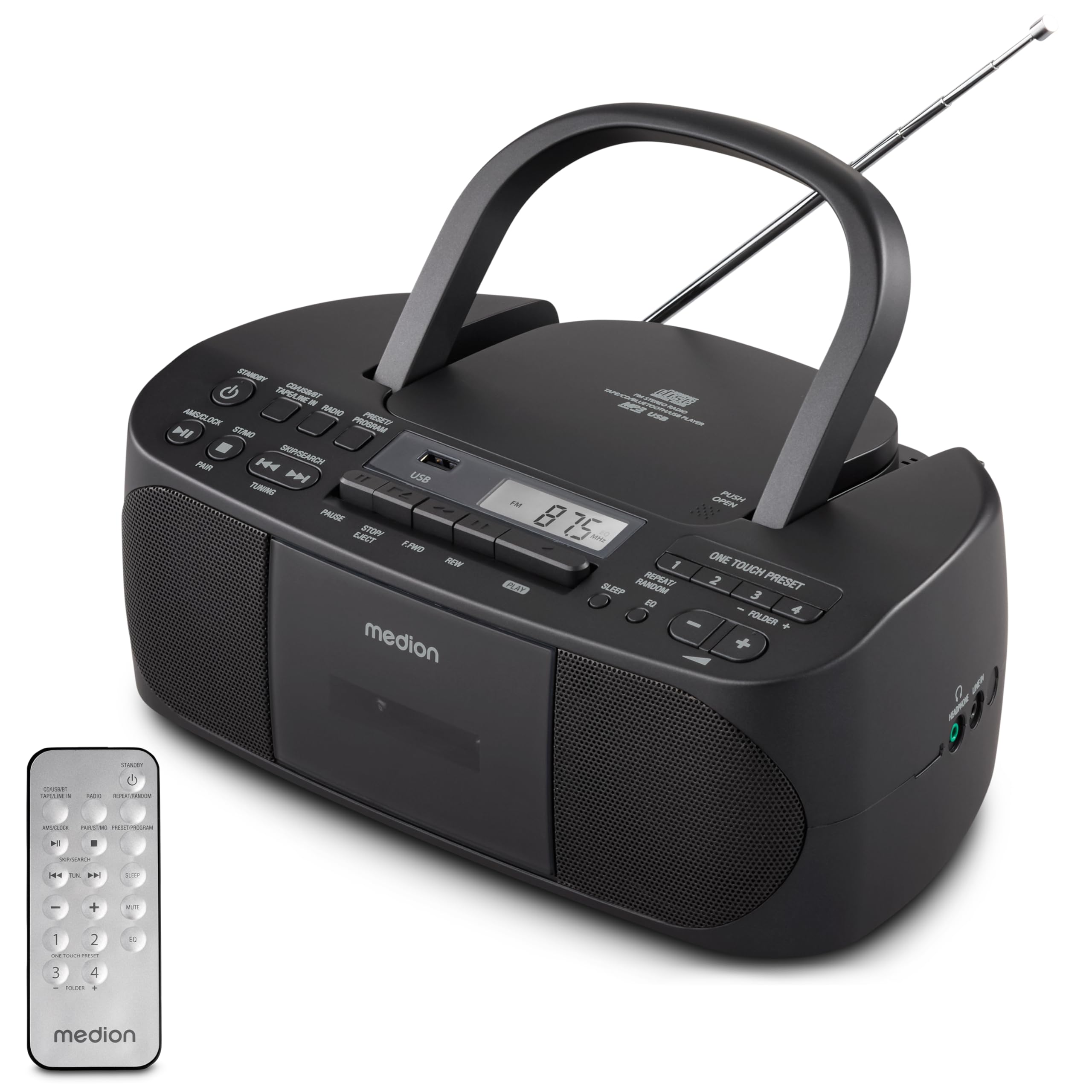 MEDION E65010 Radio estéreo (Reproductor de CD, Casete, conexión USB, Entrada de Audio AUX, reproducción de MP3, Radio FM PLL, Memoria de 40 emisoras, Funcionamiento con Pilas
