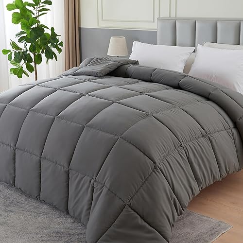 All Season Queen Size Cooling Comforter，Fluffy Down Alternative Comforter Quilted Duvet Insert with Corner Tabs Luxury Soft Hotel Comforter Dark Gray (90“×90”)