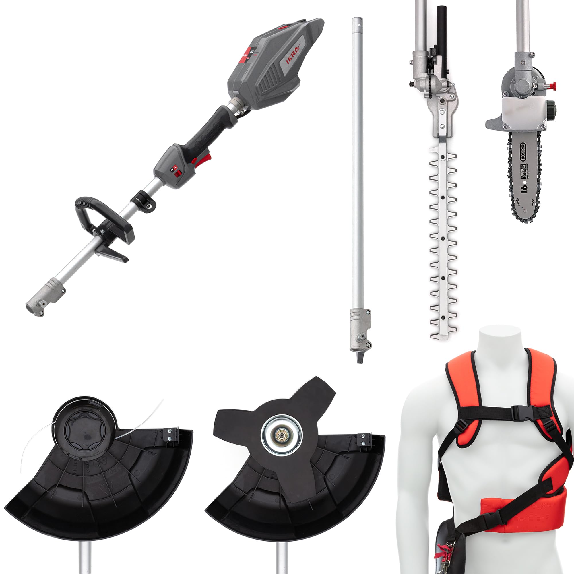 IKRA multiherramienta jardín 4en1 IB-MT 36, sin batería 36V ni cargador | Compatible con Bosch, 4 herramientas en una: desbrozadora, cortabordes, cortasetos y podadora de altura, varios accesorios