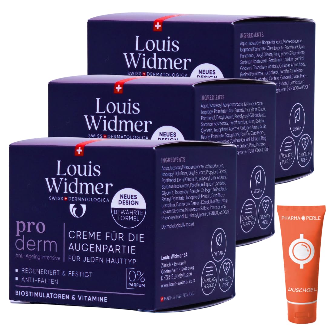 Louis Widmer proderm Creme für die Augenpartie unparfümiert 3x 30 ml I intensiv Anti-Ageing I Feuchtigkeit I regenerierend I für empfindliche Haut mit Panthenol I Spar-Set plus Pharma give-away