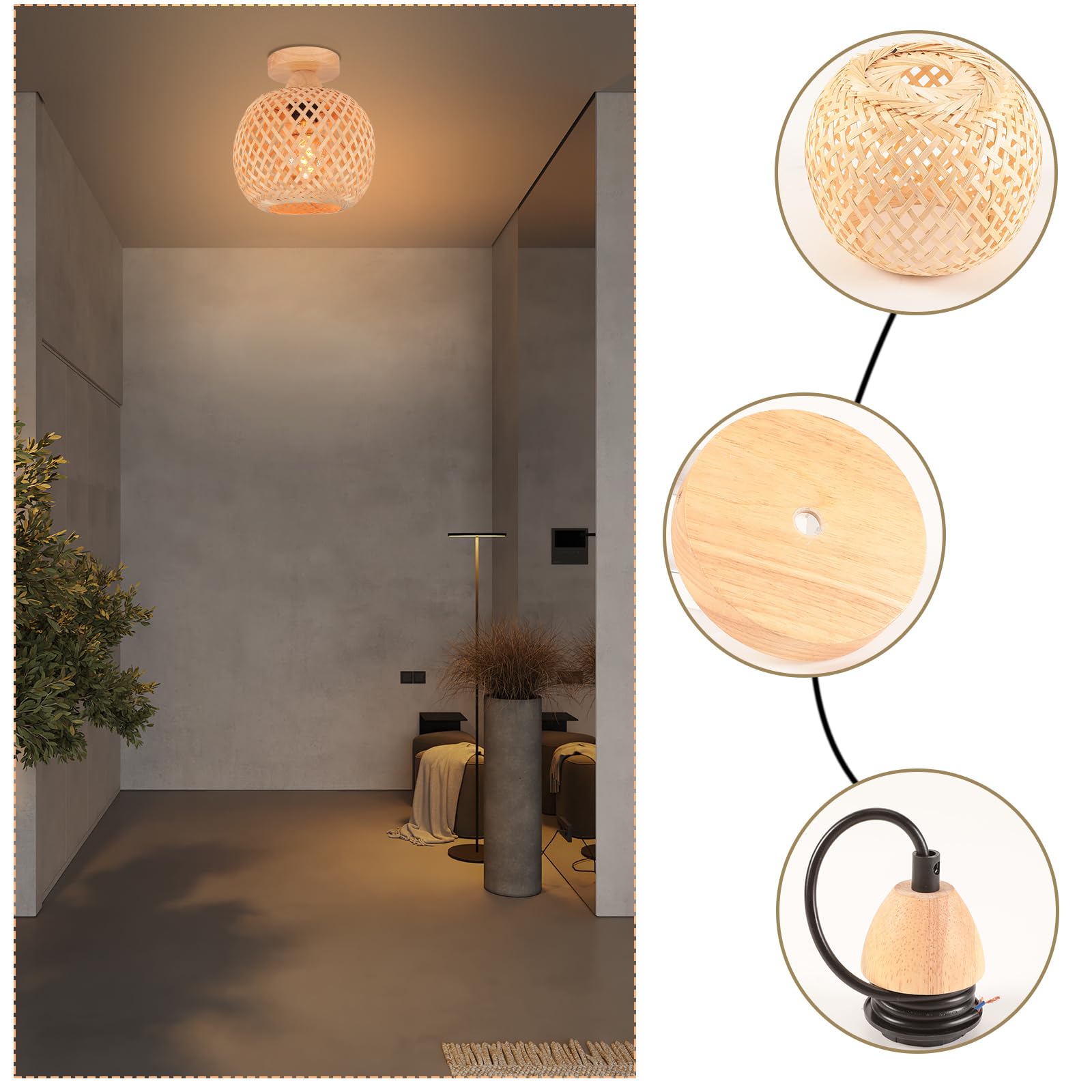 2 Piezas Lámpara de Techo Bambú Boho Lámpara Techo Colgante Retro E27 Plafón Pantalla de Bambú Luce de Techo Ratán Deco para Dormitorio Salone Cocina Cafetería, Ø20cm