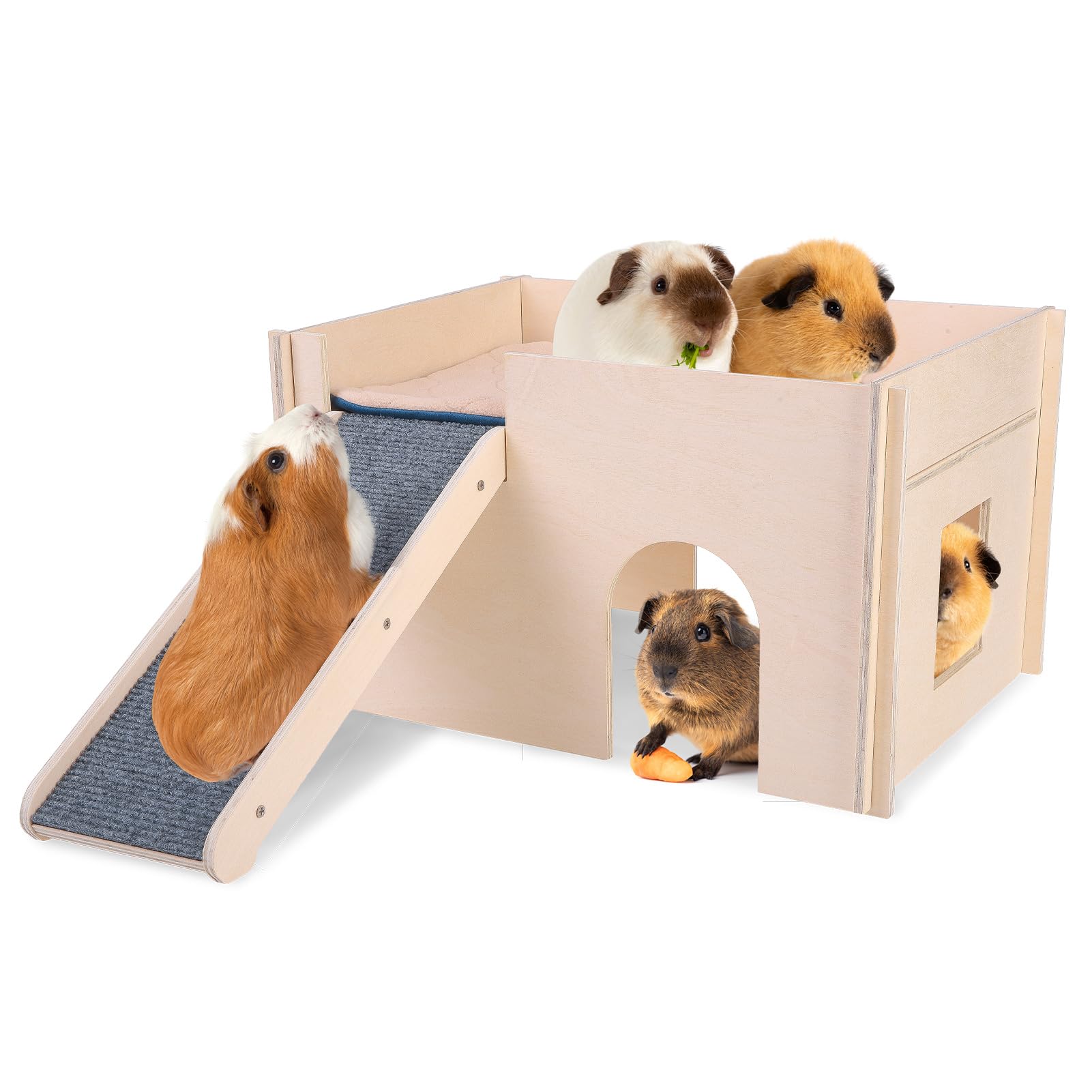 PAWCHIE Wooden Guinea Pig Hideout with Pee Pad Set, Detachable Small Animal House Bed Hut Habitats with Stairs and Windows