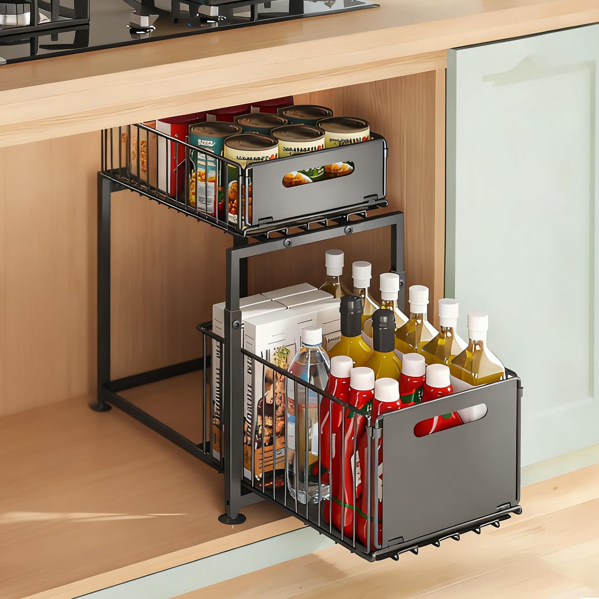Set di 1 organizer regolabile sotto il lavello, con cassetti estraibili, regolabile in altezza, antiscivolo e resistente, in metallo, per cucina, bagno e dispensa