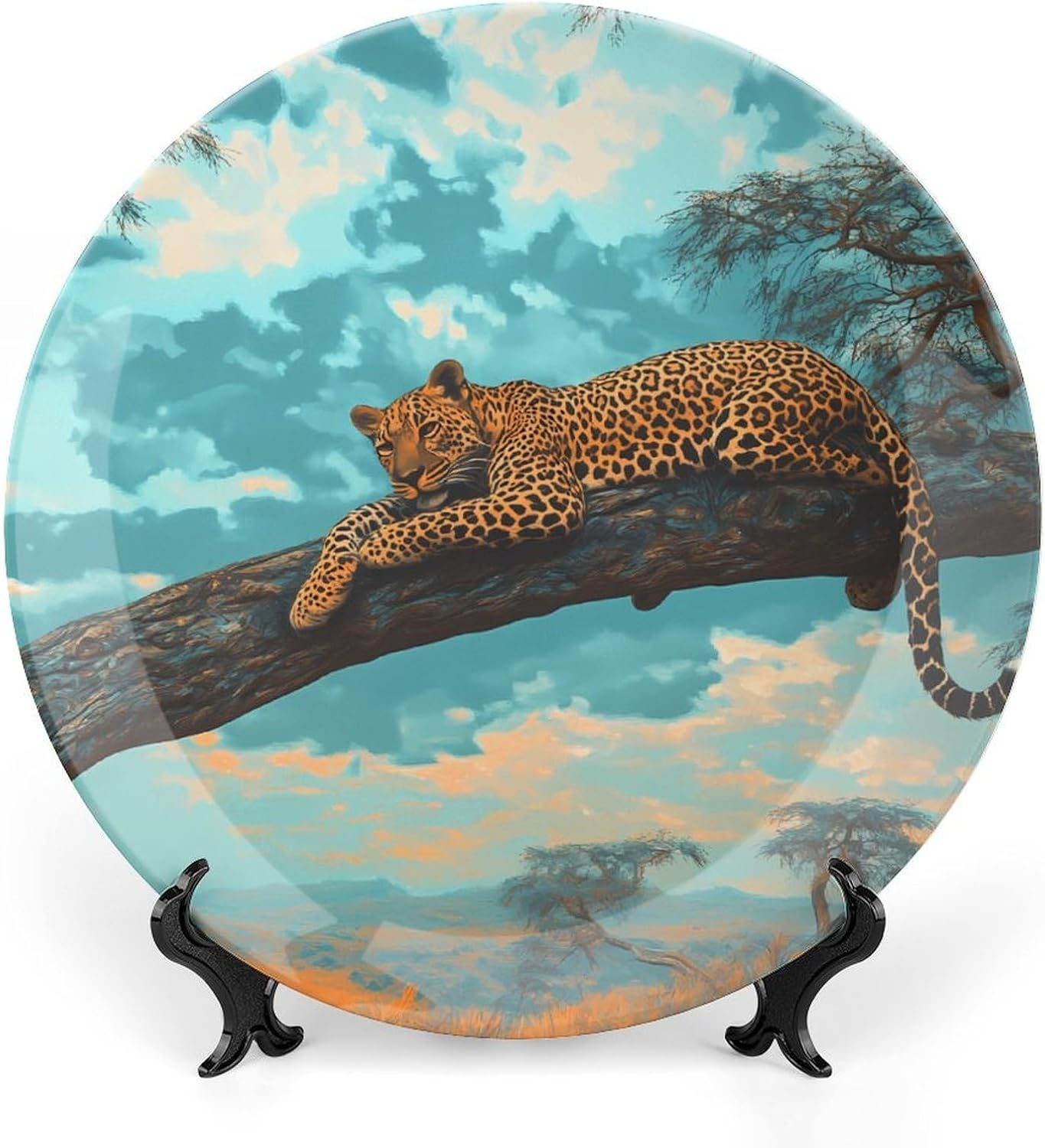 Leopard Lounging On Branch Acacia Tree Decorative Plates for Display Ceramic Plate Tray with Stand Hanger Home Decor