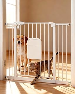 Adjustable Pet Gate with Cat Door, Auto-Close Pressure-Mounted Safety Gate for Doorways & Stairs