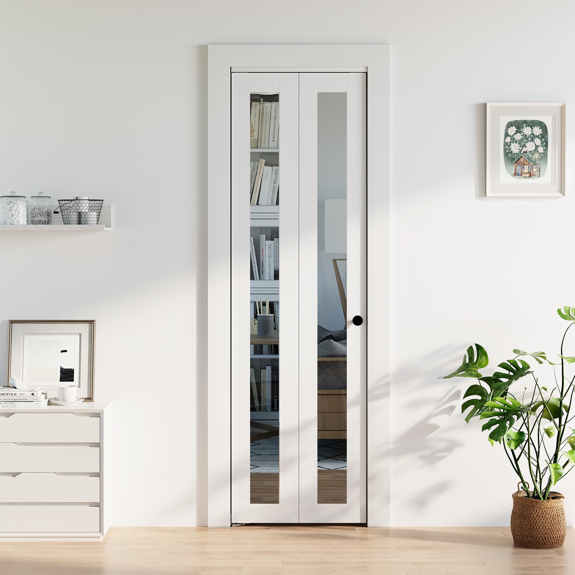 COSHOMER Bifold Doors for 24" x 80" Opening, 1-lite Mirror Closet Folding Doors with Hardware kit Included, Easy Assembly, White