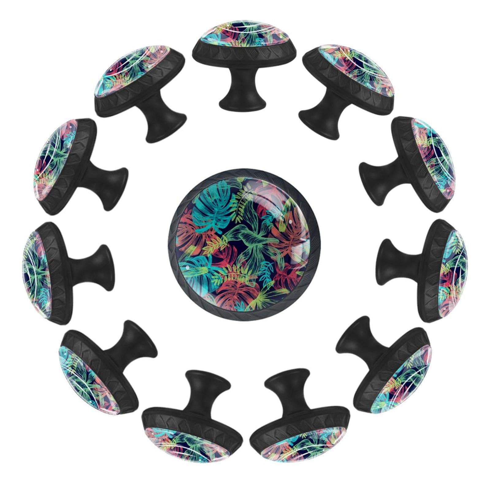 Boutons de tiroir ronds motif feuilles d'été exotiques 35 mm - Lot de 12