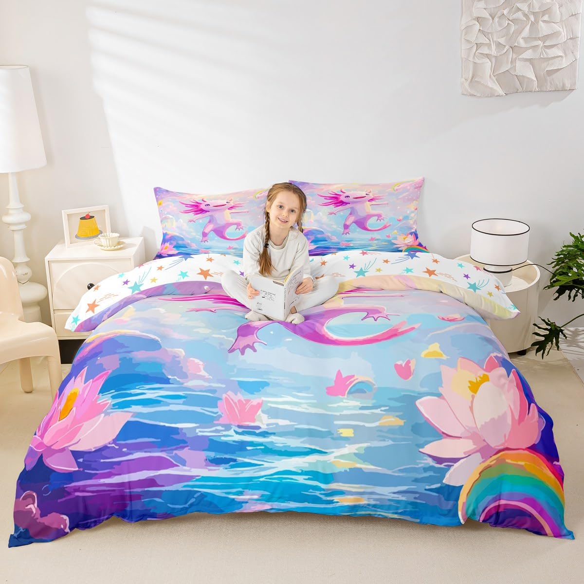 Homemissing Pink Axolotl Duvet Cover Set Single Size For Kids Boys Girls Teens Cartoon Salamander Bedding Set Rainbow Floral PrintDuvet Cover with 1 Pillowcase - Image 3