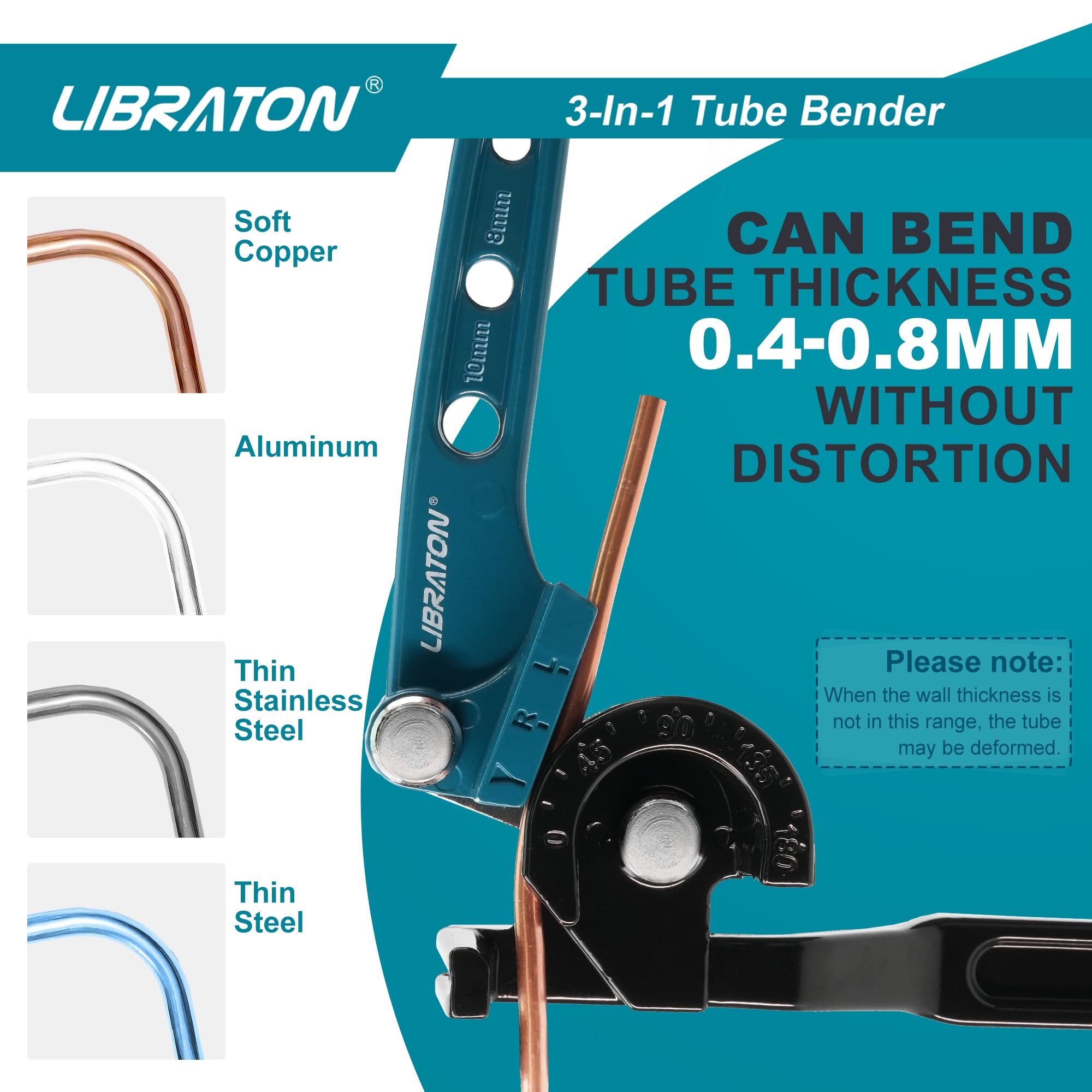 Libraton Piegatubi Manuale, Piegatubi Rame 180 Gradi, Curvatubi Manuale per Tubi in Rame 6mm 8mm 10mm, Piegatrice per Tubi in Rame, Ottone, Alluminio e Acciaio Sottile