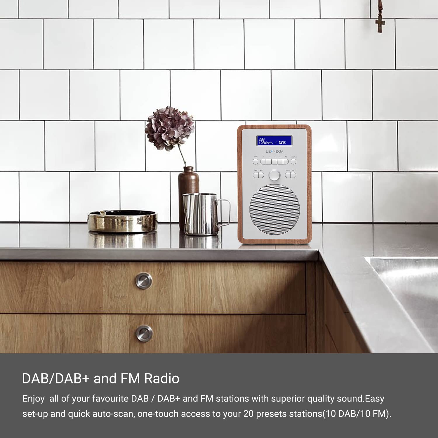 LEMEGA CR2+ DAB/DAB+ Digitalradio,UKW-Digitalradio,DAB-Radio Netzbetrieben,Doppelter Wecker,Küchen-Schlaf-Snooze-Timer,20 voreingestellte Sender,Kopfhörerausgang,Holzeffekt (Walnuss)