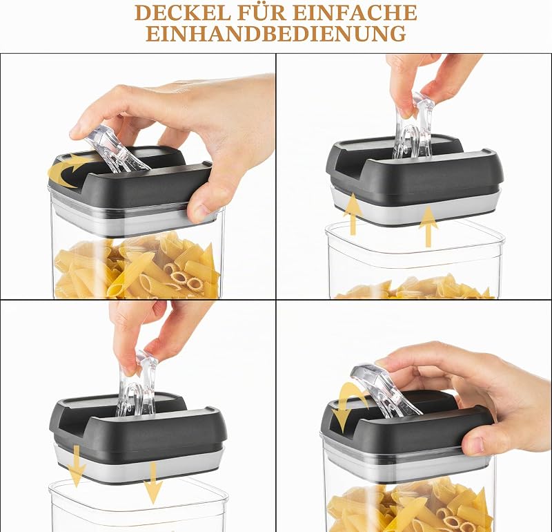 Set 3 cutii Hanobe pentru depozitare etanșă, pentru spaghete și fulgi de porumb, cu capac cu deschidere ușoară, stivuibile, negre