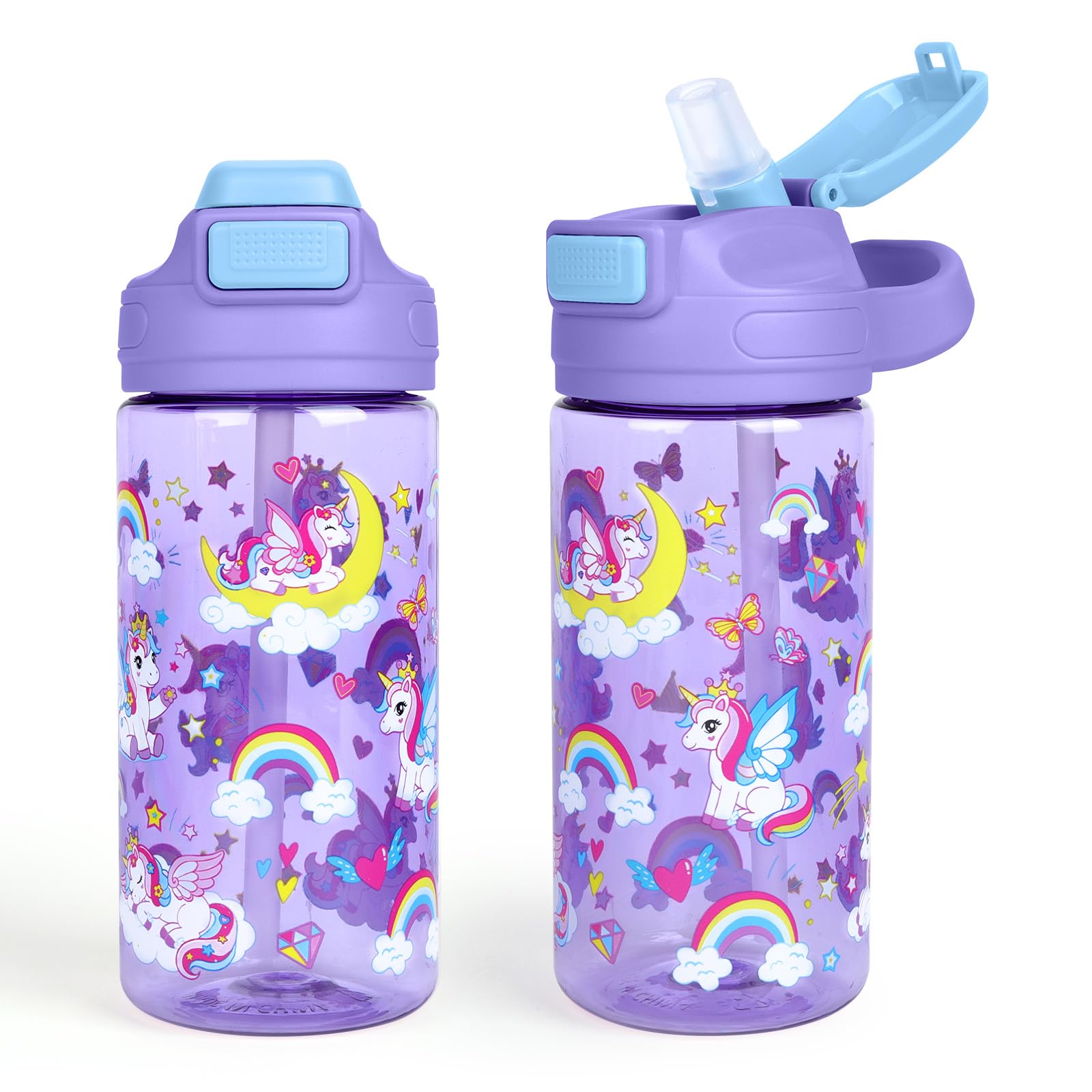 Decalsweet Kids Water Bottle,480ml BPA-Free Plastic Water Bottle with Carry Handle,Leakproof Water Bottle for Kids Girls Ages 3+,Drinks Bottle for School Travel Sports,Unicorn Rainbow