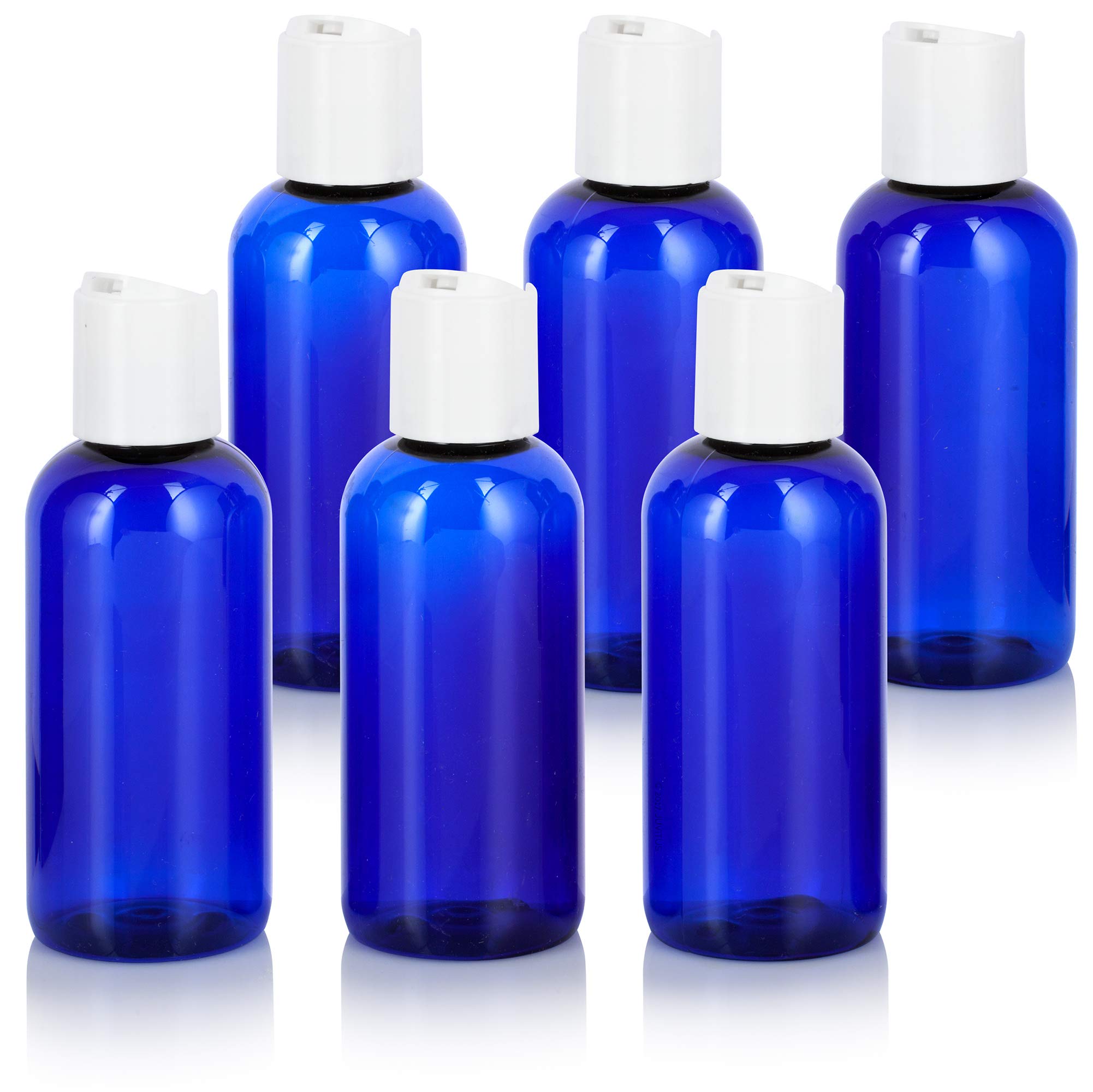 JUVITUS 4 oz Cobalt Blue Boston Round PET Plastic Bottle (BPA Free) with White Disc Lid (6 pack)