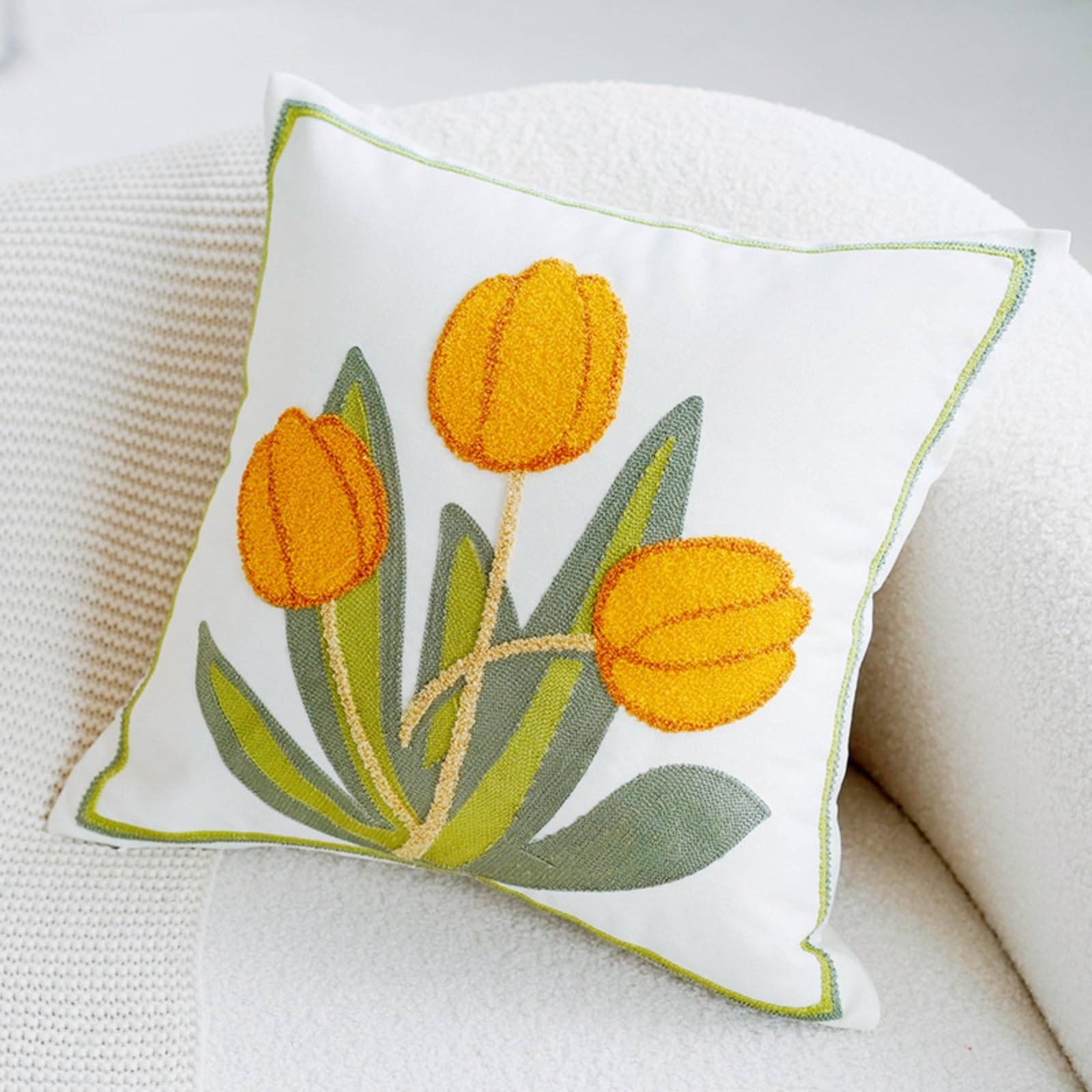 Housse de coussin coton tufté 18x18in jaune taie oreiller brodée fleur